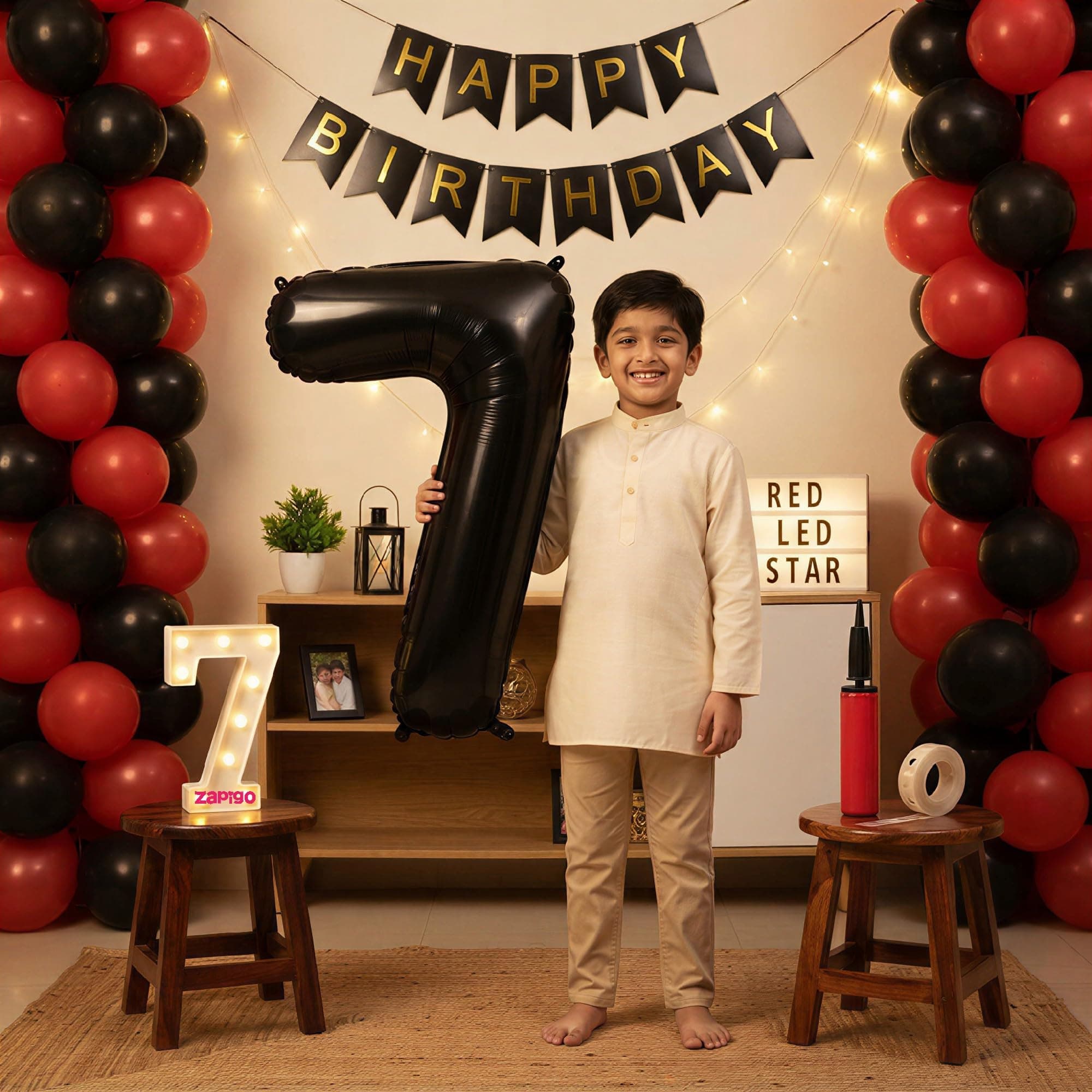 Balloonistics 7th Birthday Decoration Combo Kit - 40 Inch Black Foil Number Balloon, LED Marquee Light, 50 Black & Red Balloons, Happy Birthday Banner, Balloon Pump & Glue Dots thumbnail 1