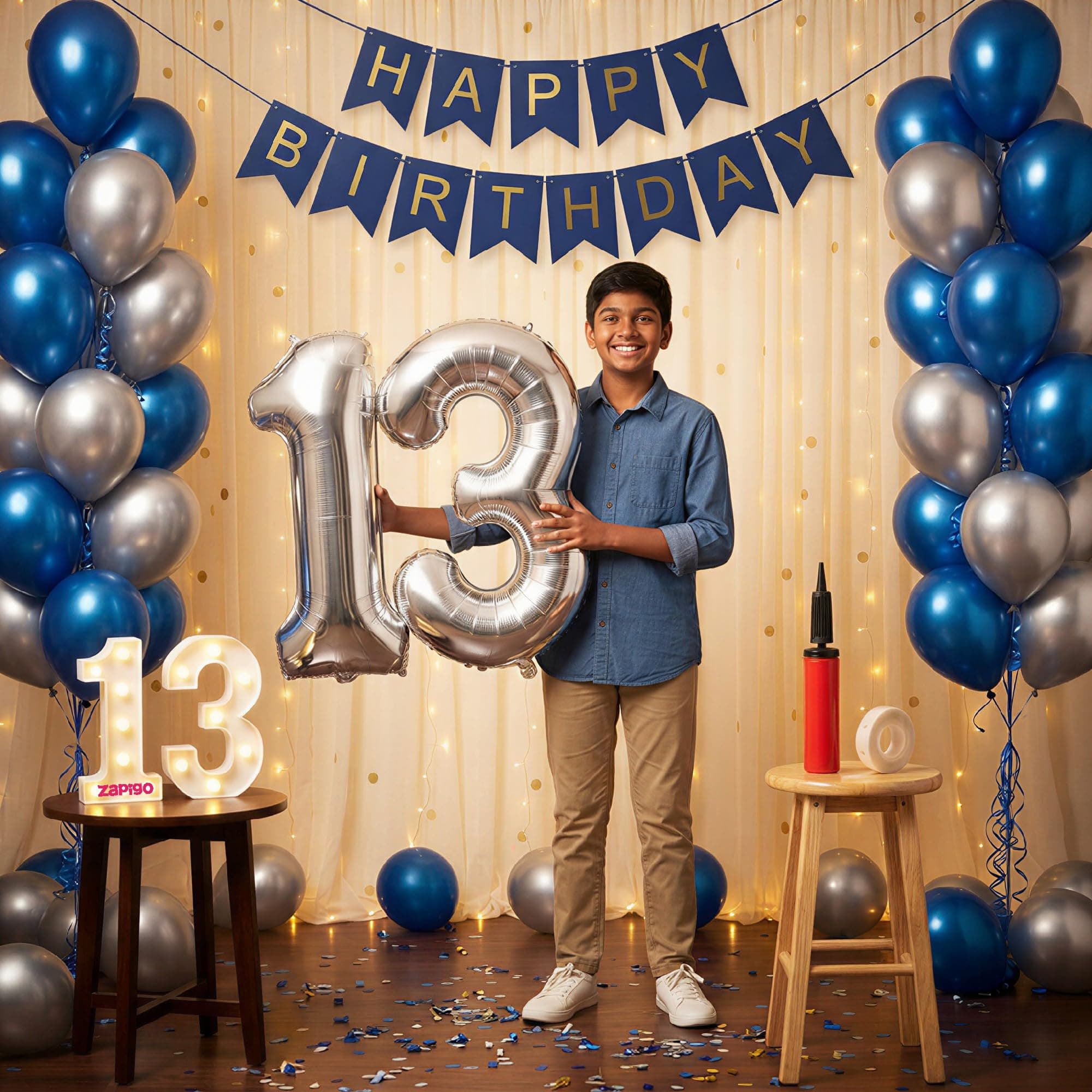 Balloonistics 13th Birthday Decoration Combo Kit - 40 Inch Silver Foil Number Balloon, LED Marquee Light, 50 Silver & Blue Balloons, Happy Birthday Banner, Balloon Pump & Glue Dots thumbnail 1