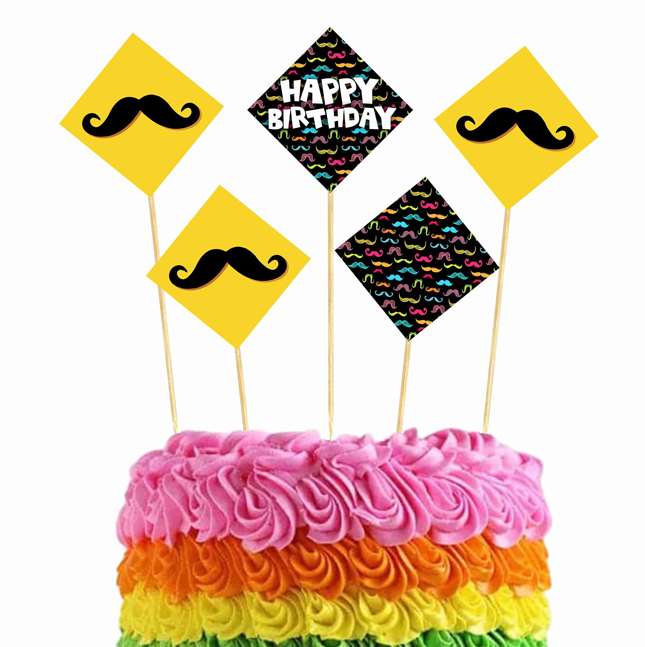 Moustache Theme Happy Birthday Cake Topper - Pack of 10 "Dapper & Dandy" Decorations - Black Handlebar Mustache & Bowtie Cake Picks, Little Man Birthday. (Cake Topper - Pack of 10) thumbnail 1