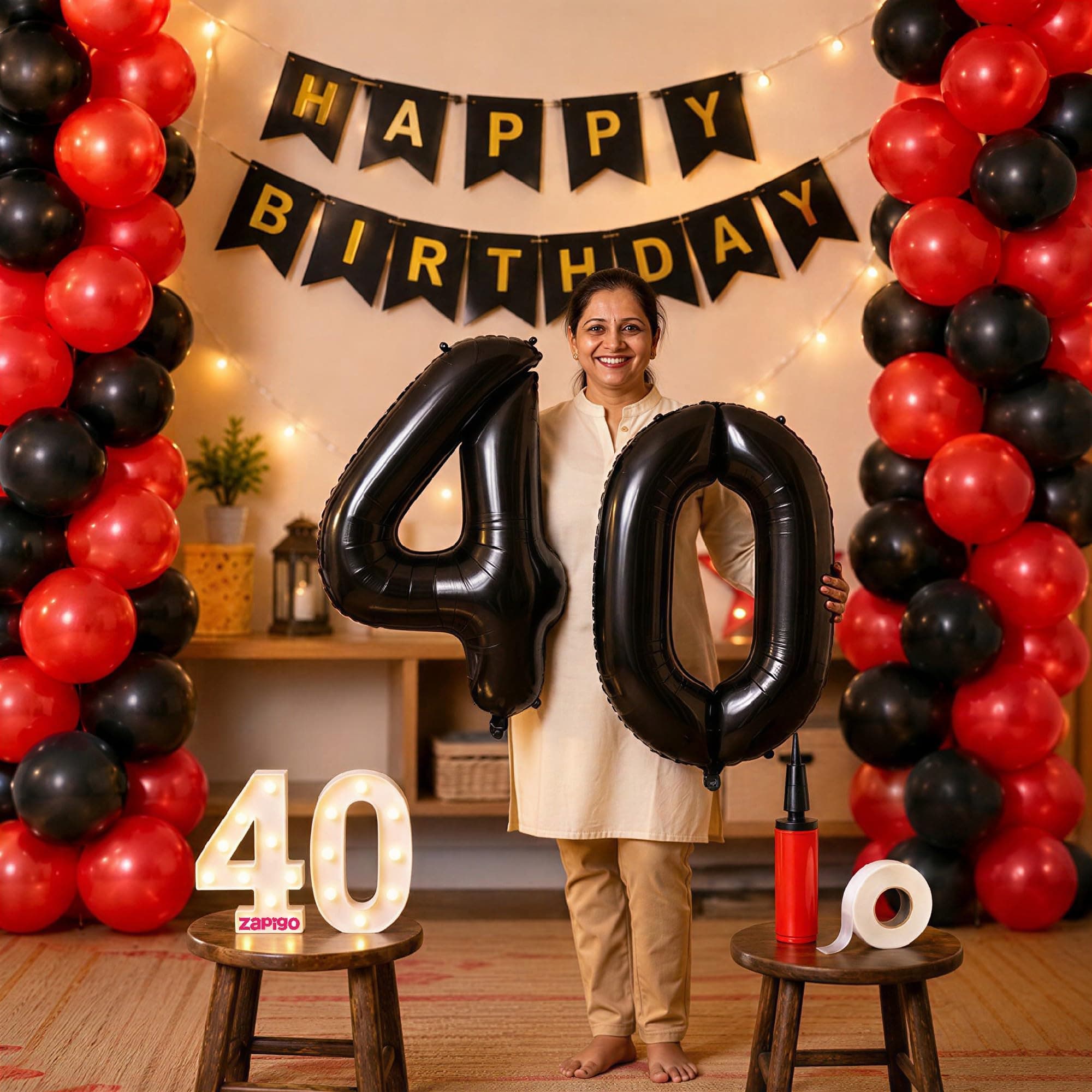 Balloonistics 40th Birthday Decoration Combo Kit - 40 Inch Black Foil Number Balloon, LED Marquee Light, Black & Red Balloons, Happy Birthday Banner, Balloon Pump & Glue Dots - Perfect for Milestone thumbnail 1