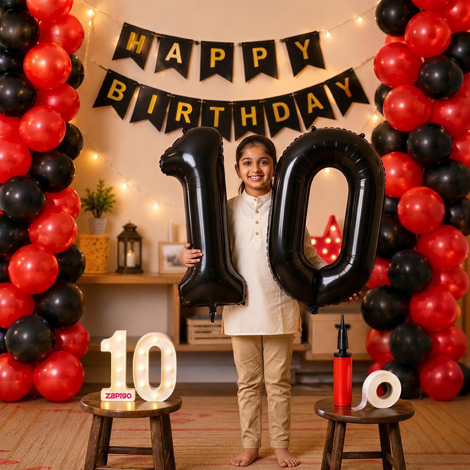 Balloonistics 10th Birthday Decoration Combo Kit - 40 Inch Black Foil Number Balloon, LED Marquee Light, 50 Black & Red Balloons, Happy Birthday Banner, Balloon Pump & Glue Dots thumbnail 1
