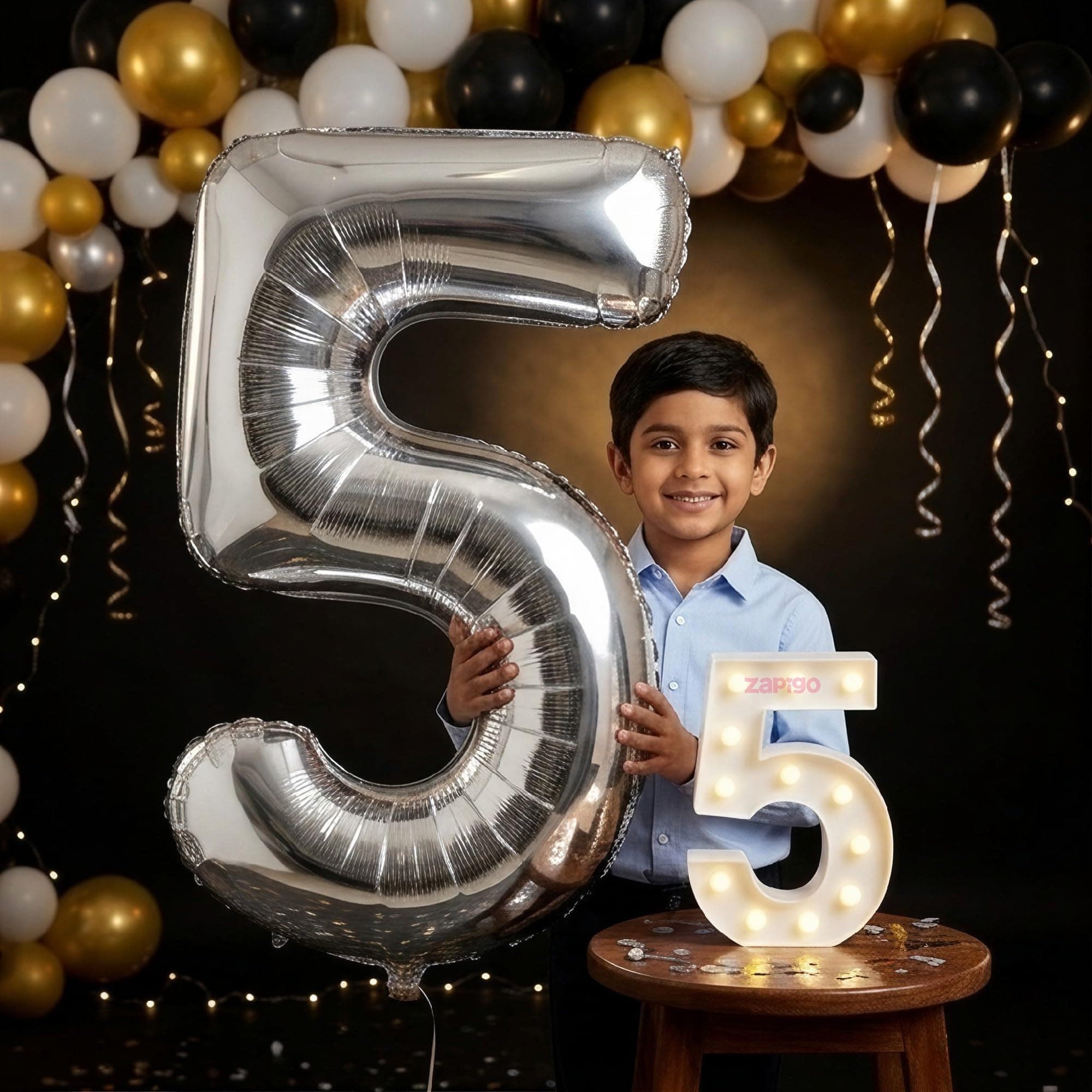 Balloonistics Silver 40-Inch Foil Number 5 Balloon with Matching LED Marquee Light - Combo Set for 5th Birthday, Anniversary, Party Decoration, Photo Booth Backdrop thumbnail 1