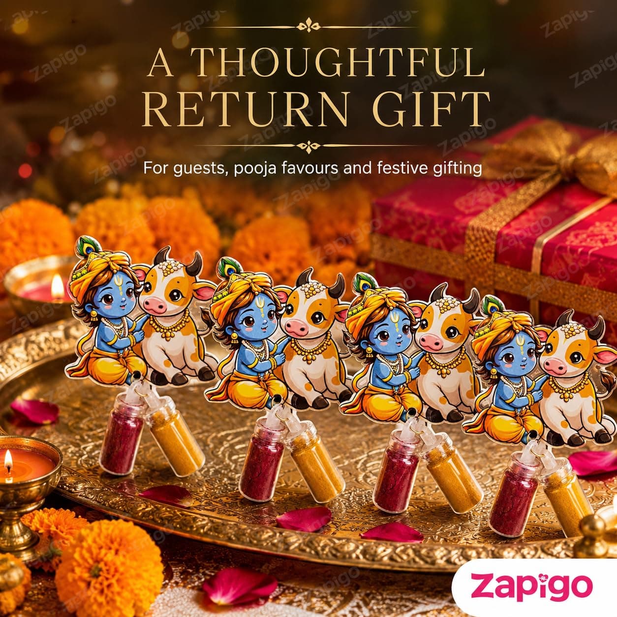 Habba Krishna & Cow Haldi Kumkum Set for Guests, Printed Cut-Out with Mini Dome Glass Bottles of Haldi & Kumkum, Traditional Janmashtami Pooja Return Gift, Pack of 10 thumbnail 6