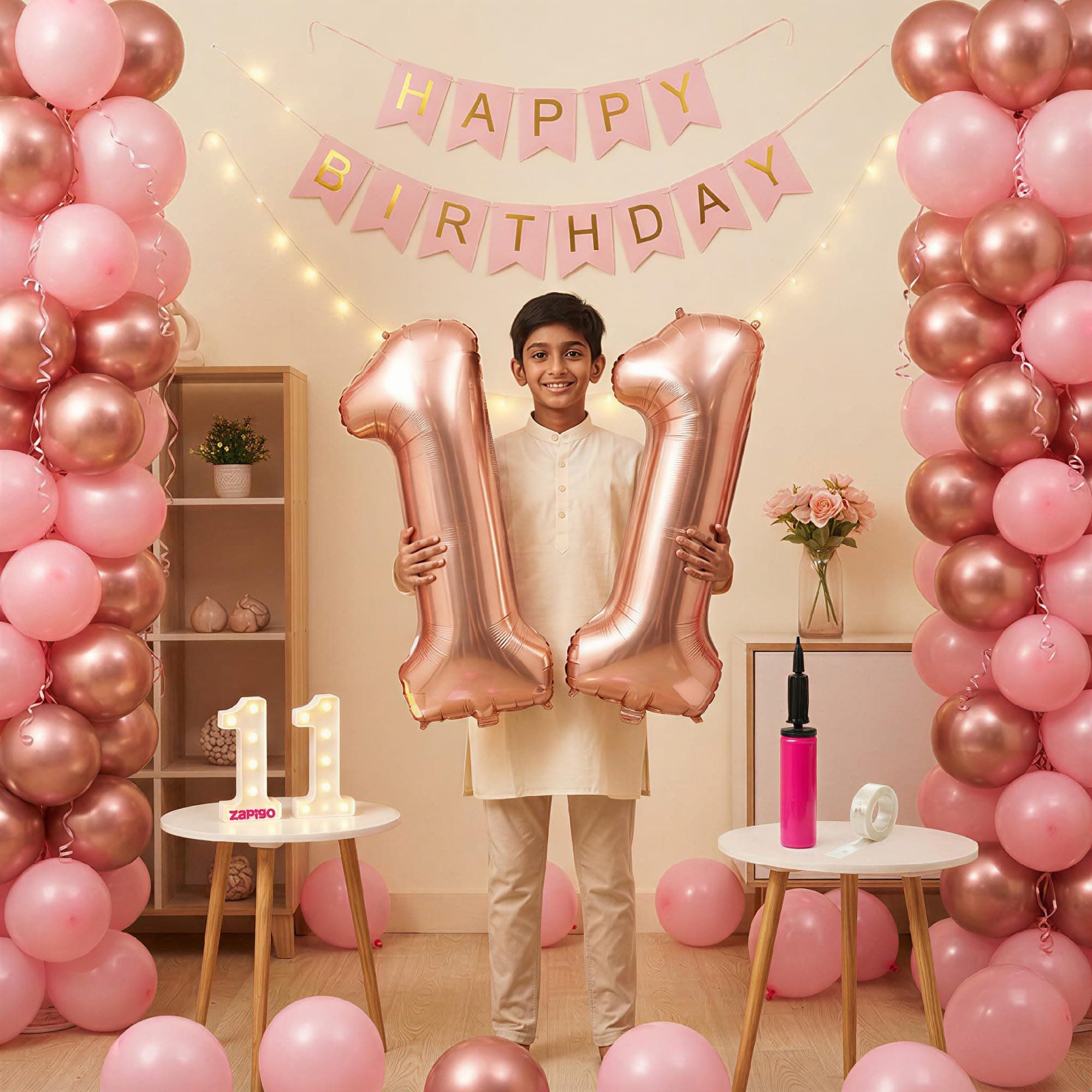Balloonistics 11th Birthday Decoration Combo Kit - 40 Inch Rose Gold Foil Number Balloon, LED Marquee Light, 50 Rose Gold & Pink Balloons, Happy Birthday Banner, Balloon Pump & Glue Dots thumbnail 1