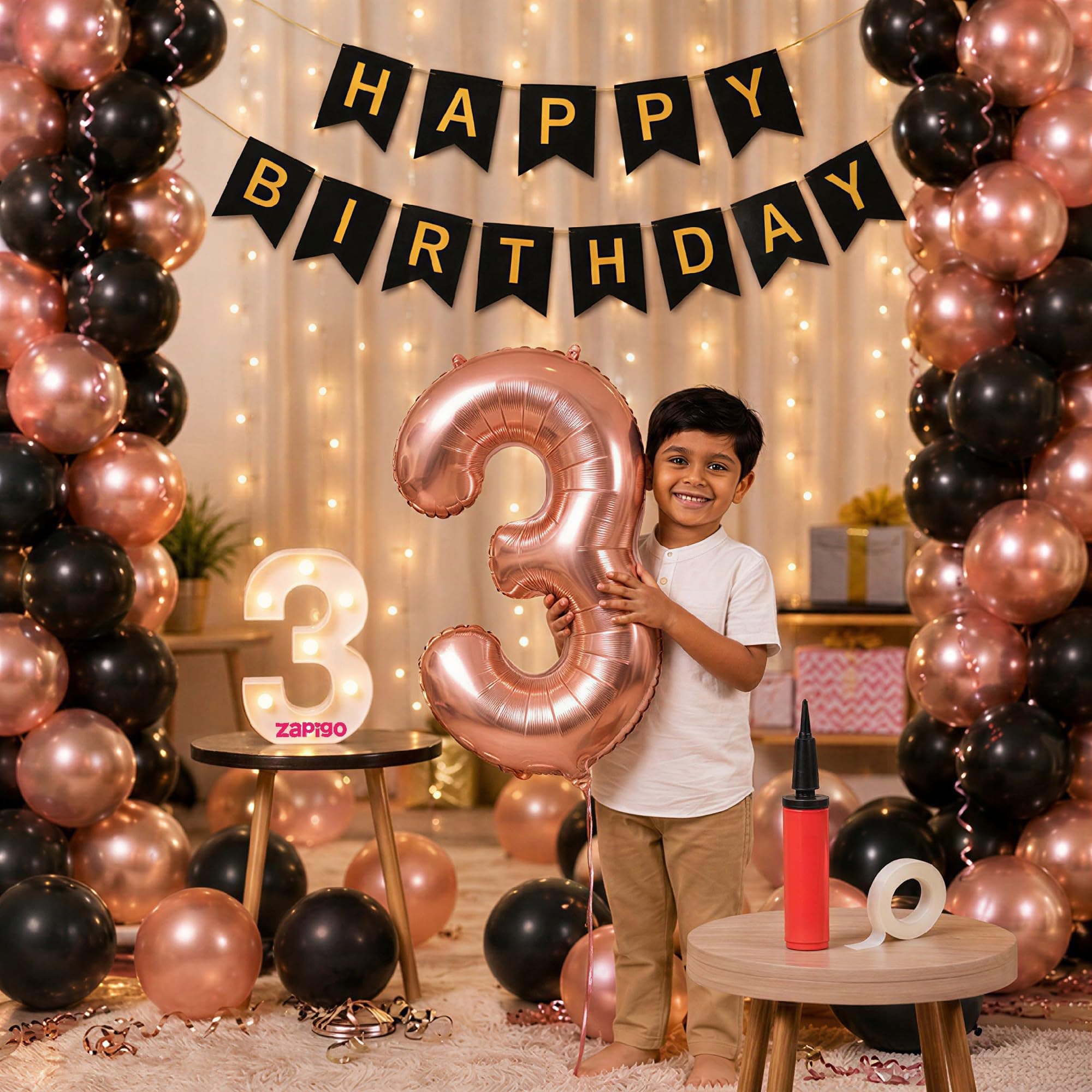 Balloonistics 3rd Birthday Decoration Combo Kit - 40 Inch Rose Gold Foil Number Balloon, LED Marquee Light, 50 Rose Gold & Black Balloons, Happy Birthday Banner, Balloon Pump & Glue Dots thumbnail 1