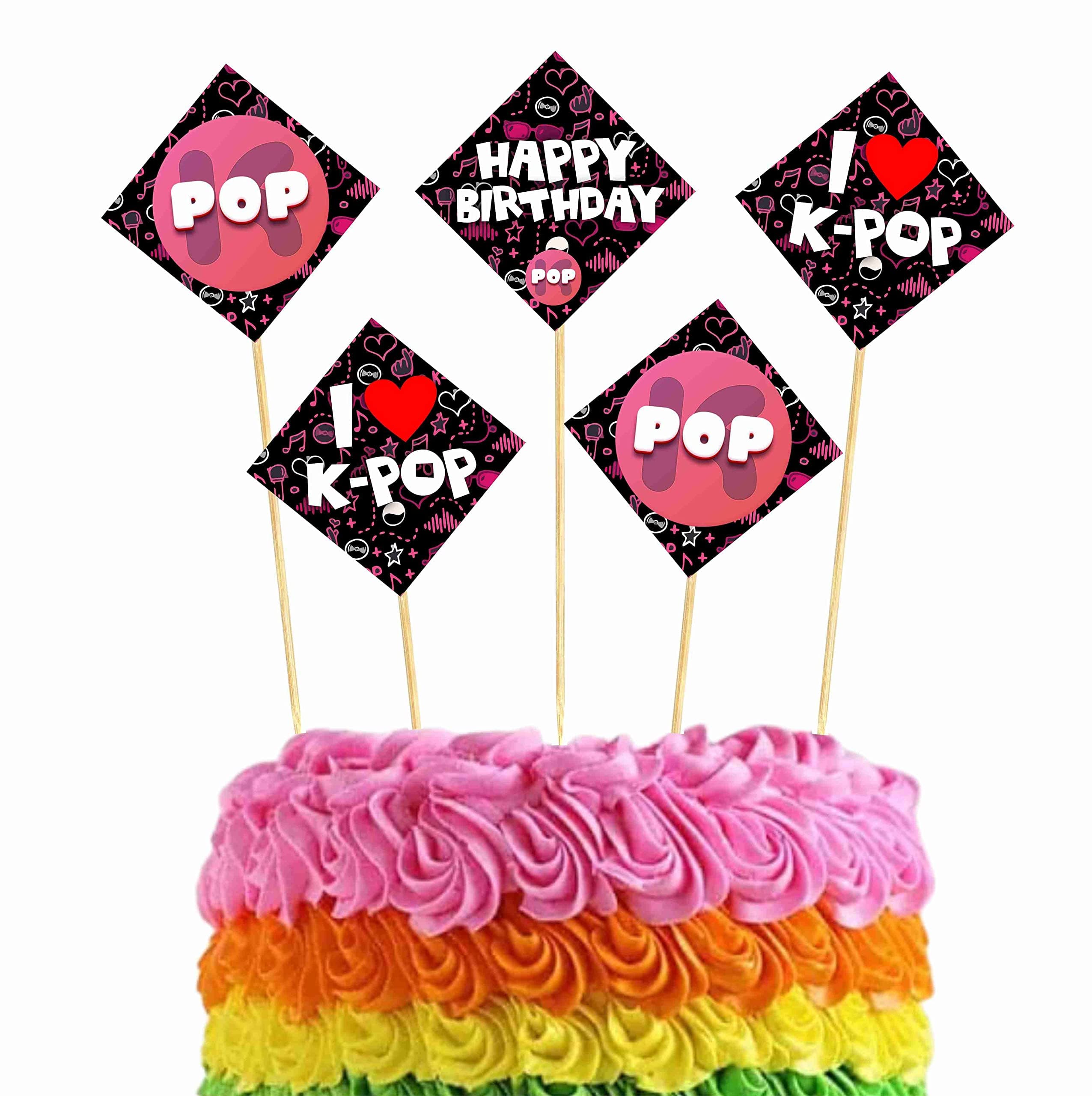 Balloonistics K-Pop Theme Happy Birthday Cake Topper -Social Media & Music Video Inspired Cake Picks - Premium Cardstock Toppers with Bamboo Sticks for Fans, Teens (Cake Topper - Pack of 10) thumbnail 1