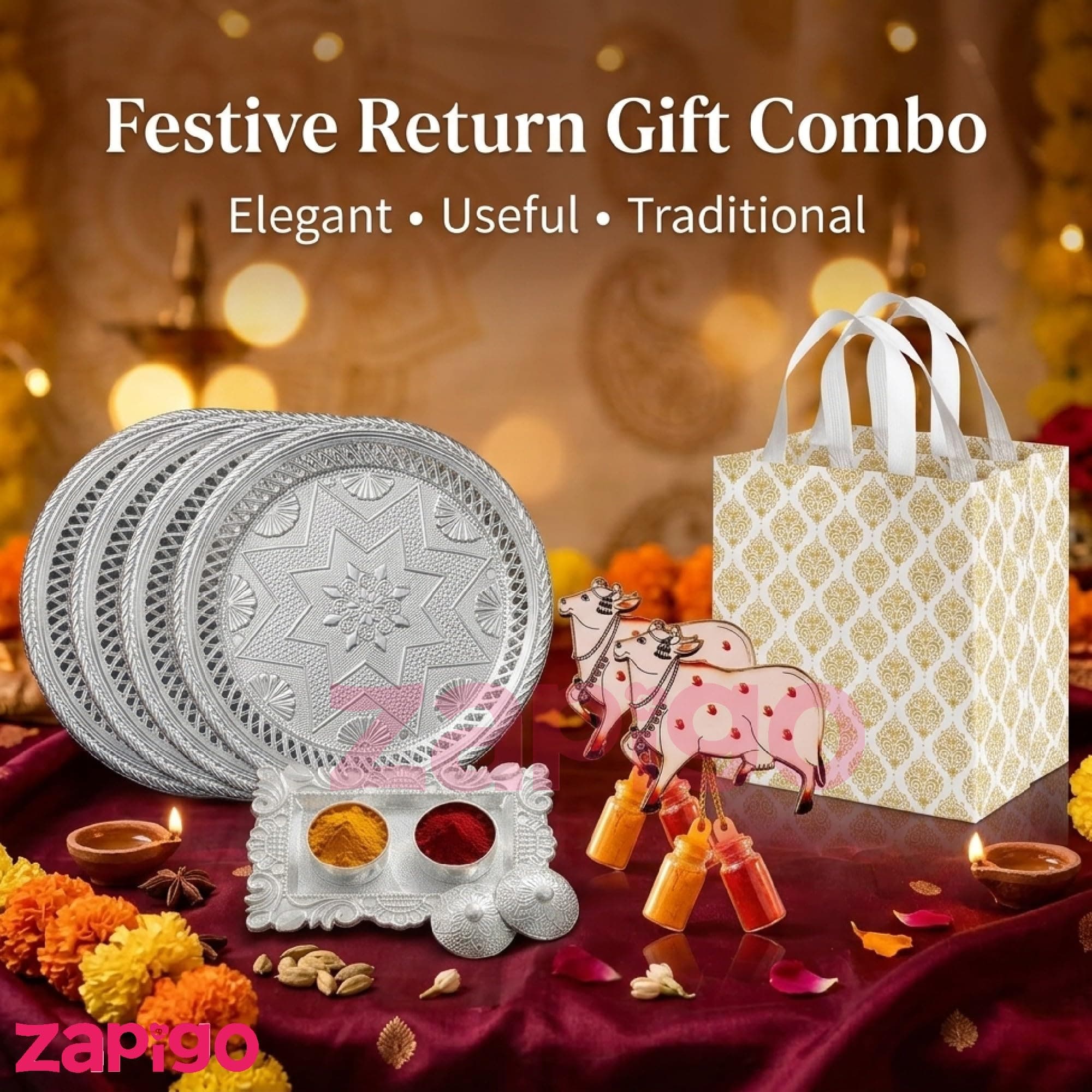 Habba Festive Return Gift Combo with Silver Plate, Cow Design Kumkum Set, Silver Kumkum Holder & Laminated Bag, Traditional Haldi Kumkum Gift for Diwali, Navratri, Wedding, Housewarming - Pack of 10 thumbnail 3
