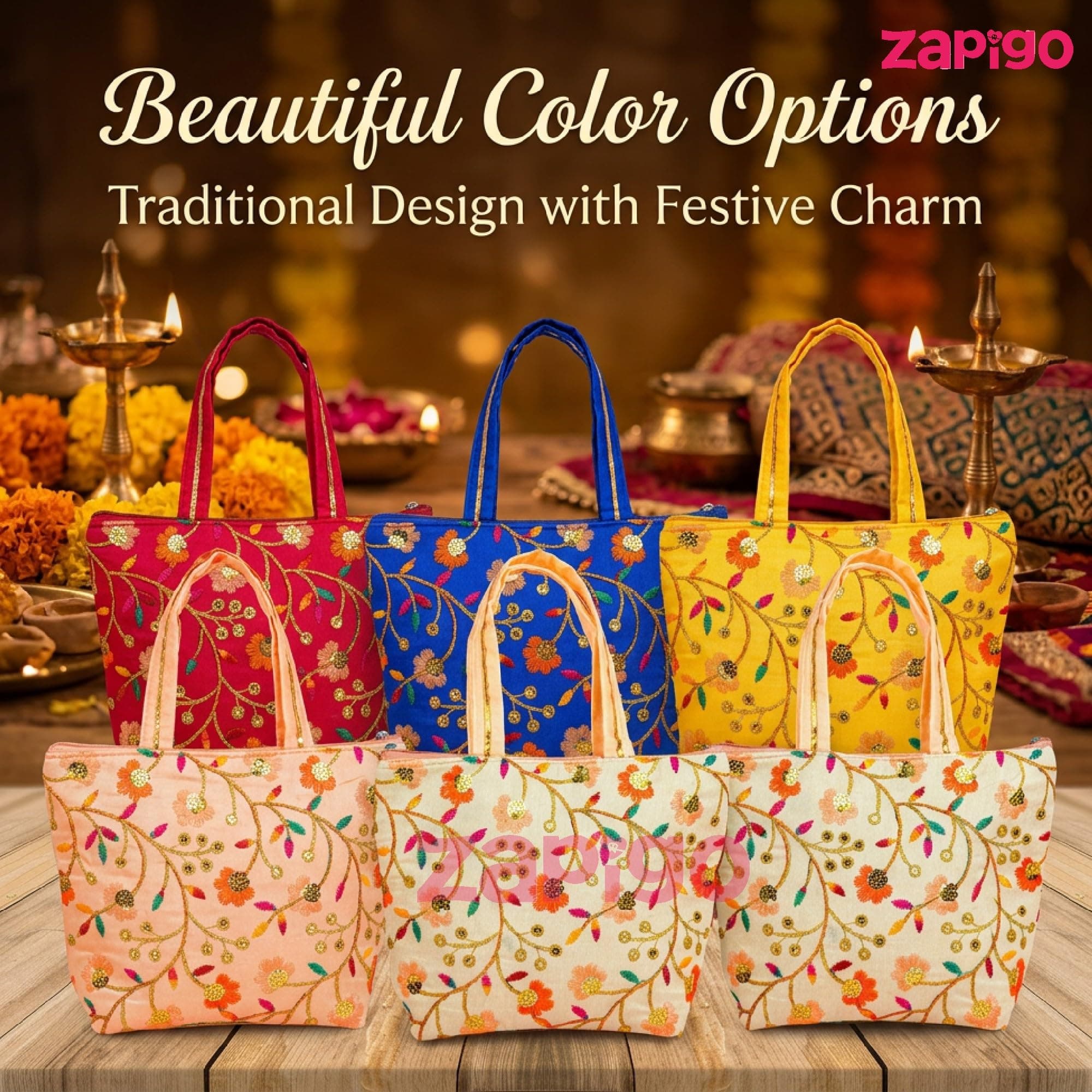 Habba Embroidered Floral Tote Bag for Women, Zip Closure Compact Ethnic Festive Haldi Kumkum Tamboolam Wedding Mehendi Engagement Baby Shower Griha Pravesh Diwali Navratri Return Gift Bag, Pack of 5 thumbnail 6