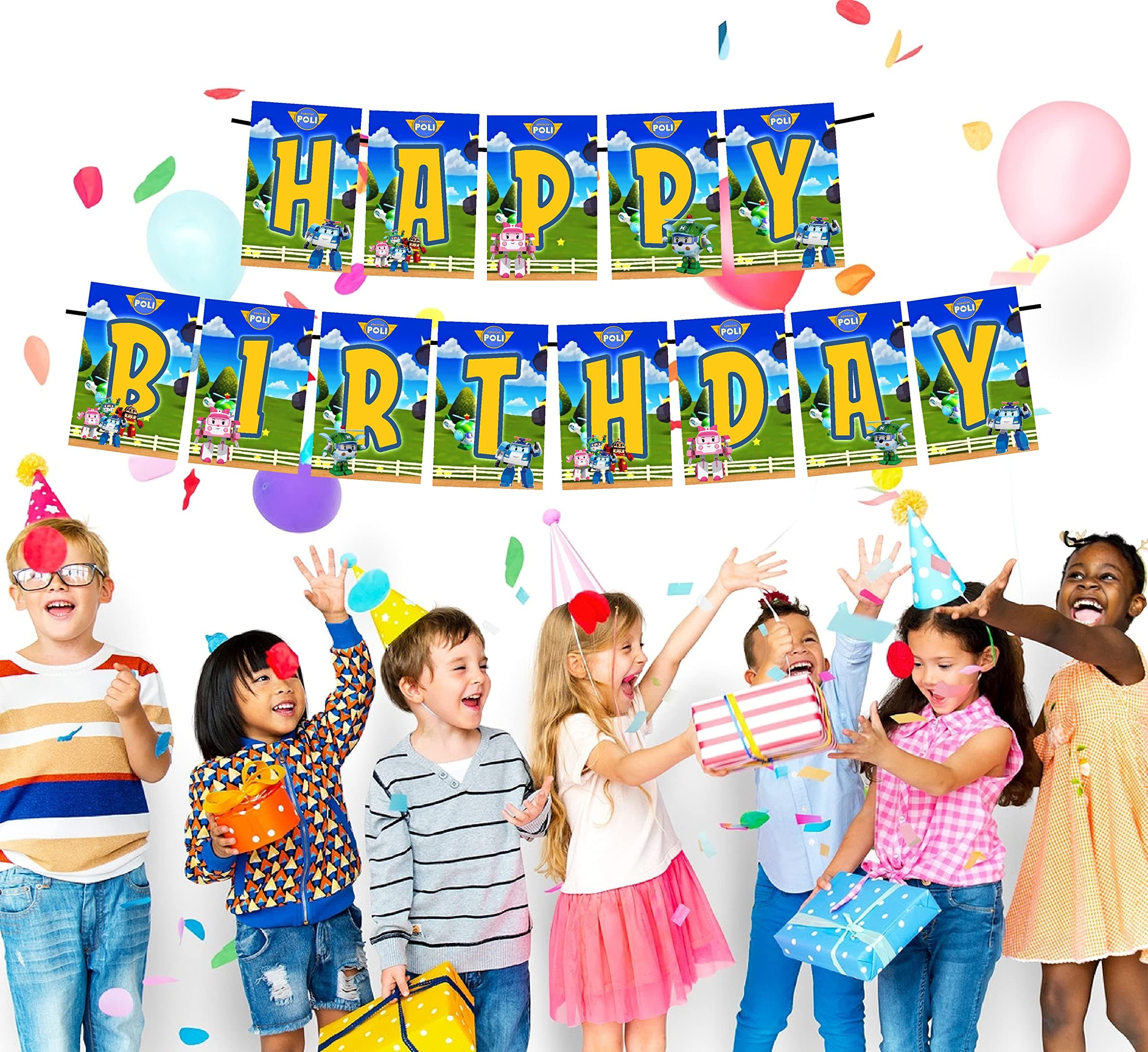 Balloonistics Robo Poli Theme Happy Birthday Banner – Brooms Town Rescue Team Bunting – Premium Cardstock Party Decorations for Kids' Transforming Robot Birthdays thumbnail 3