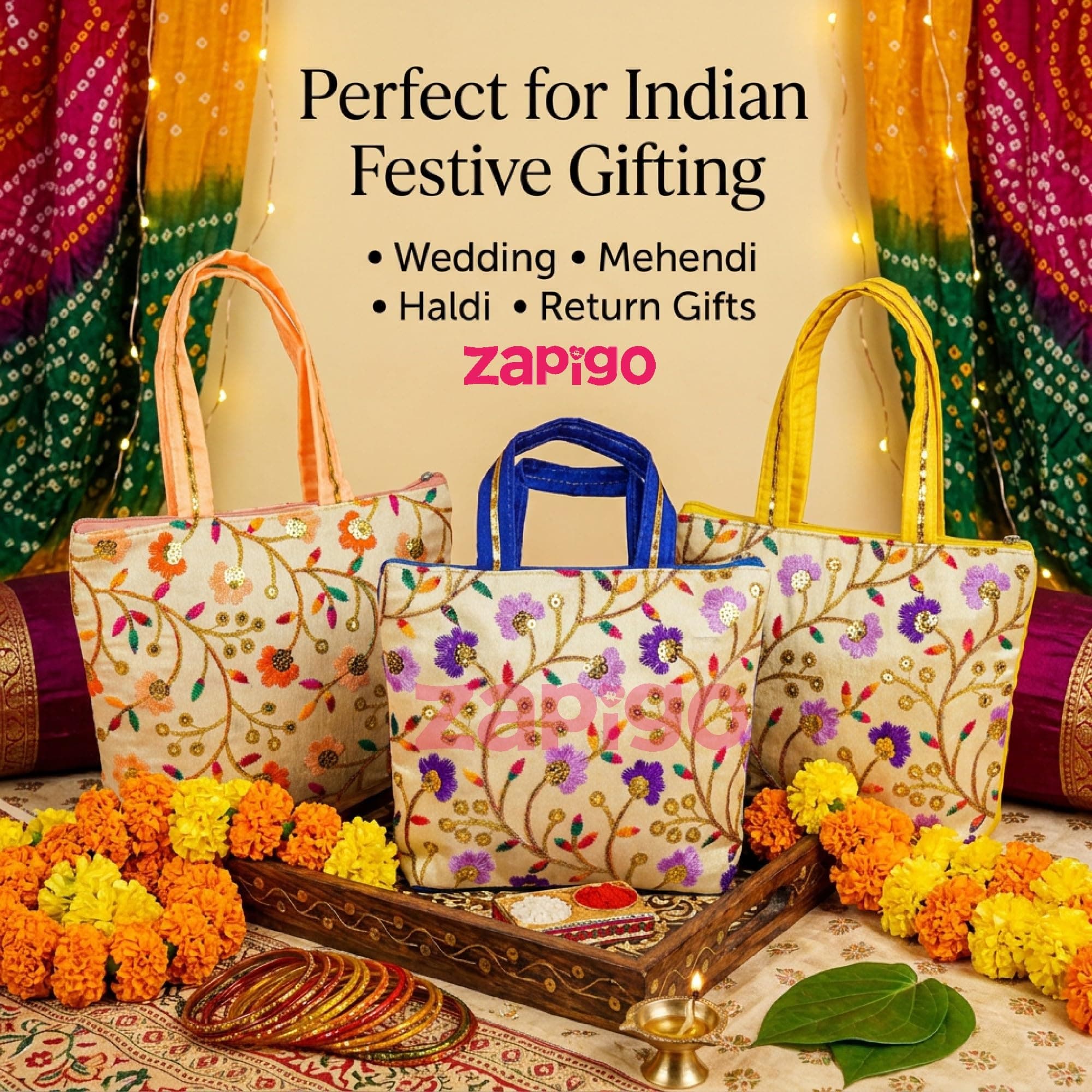 Habba Embroidered Floral Tote Bag for Women, Zip Closure Compact Ethnic Festive Haldi Kumkum Tamboolam Wedding Mehendi Engagement Baby Shower Griha Pravesh Diwali Navratri Return Gift Bag, Pack of 5 thumbnail 5
