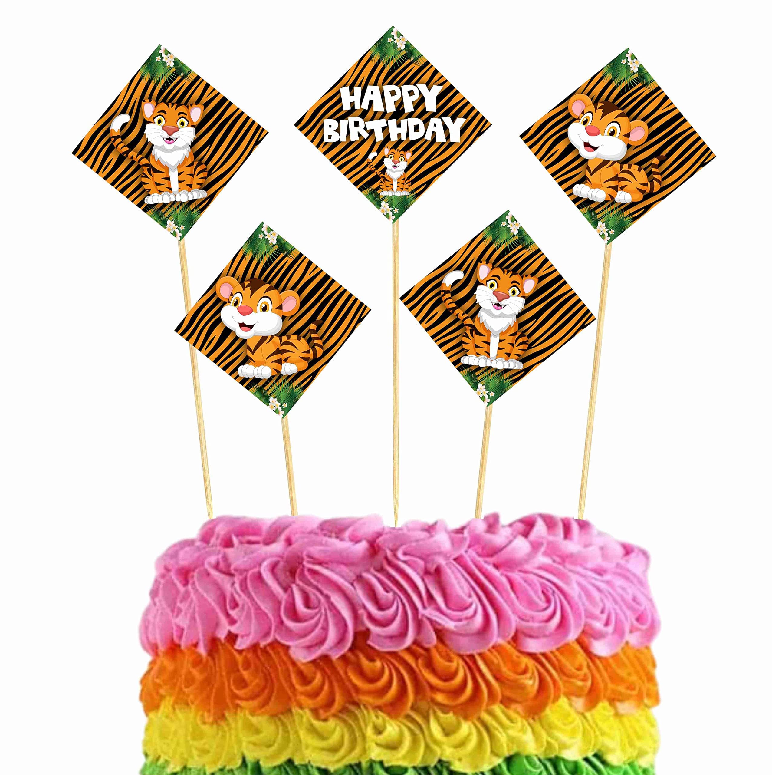 Balloonistics Tiger Theme Happy Birthday Cake Toppers - Pack of 10 Double-Sided Cardstock Treat Picks - Jungle Safari & Wild One Party Decorations - Includes Food-Safe Bamboo Sticks - Orange & Black Tiger Decor (Cake Topper - Pack of 10) thumbnail 1