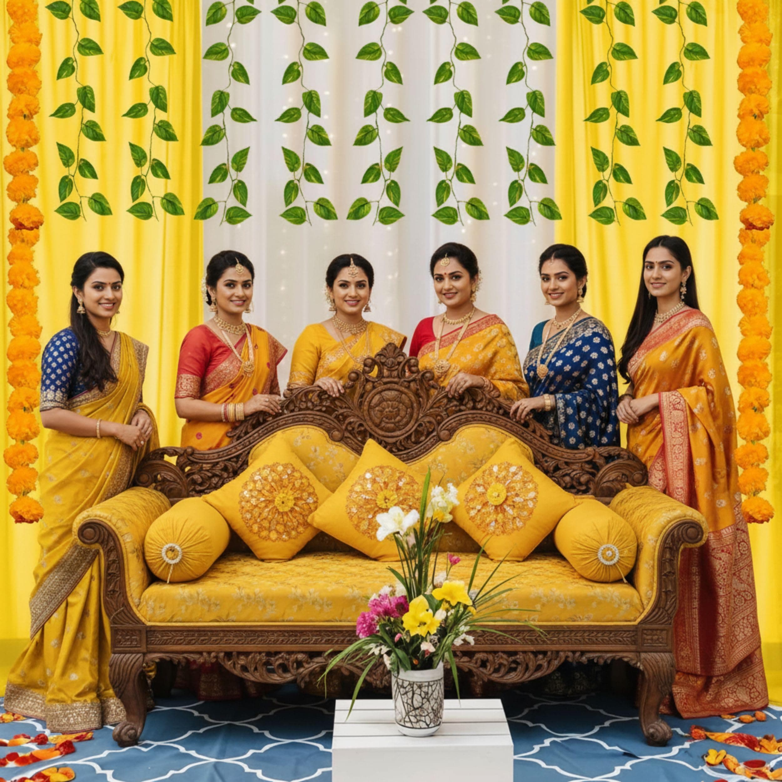 Balloonistics 11 Pcs Haldi & Pooja Decoration Kit – Traditional Yellow & White Backdrop Curtains with Marigold Garlands, Money Plant Vines & Hooks – DIY Home Celebration Set thumbnail 7