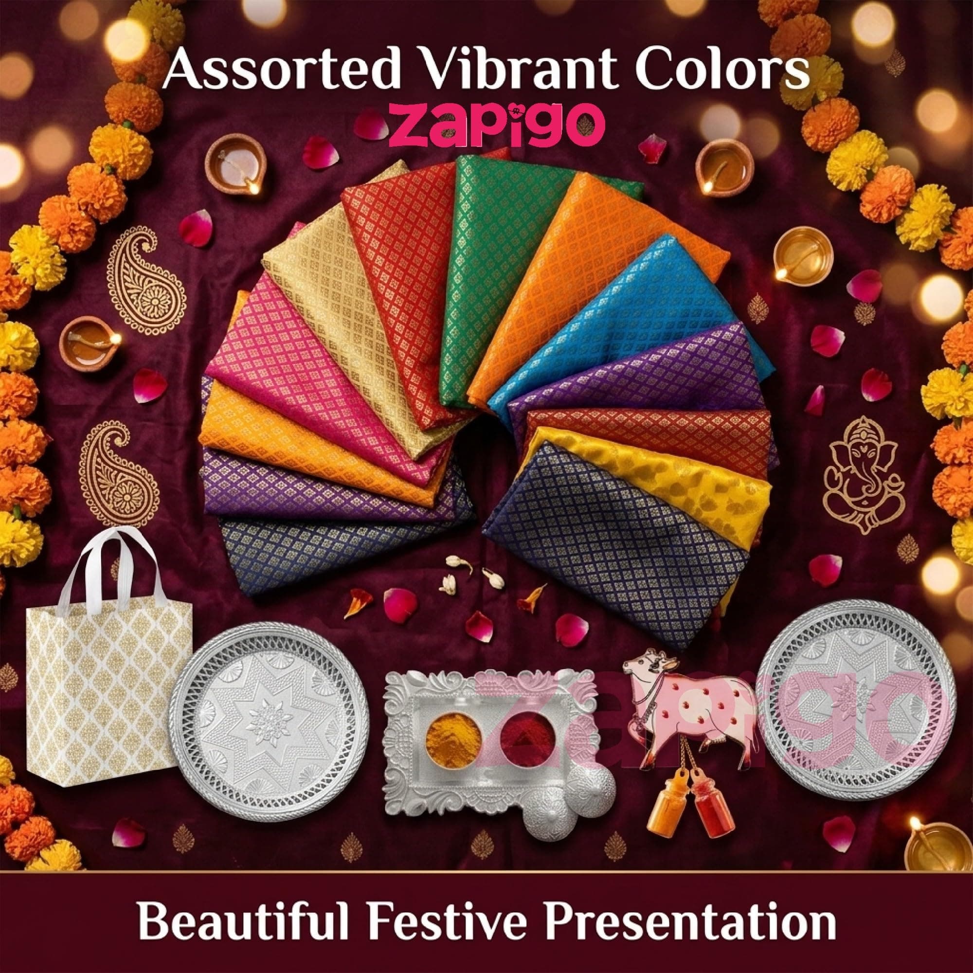 Habba Traditional Return Gift Combo with Blouse Piece, Cow Kumkum, Silver Kumkum Box, Silver Plate & Laminated Bag for Women, Haldi Kumkum & Tambulam Gifts, Diwali, Navratri, Weddings - Pack of 5 thumbnail 6