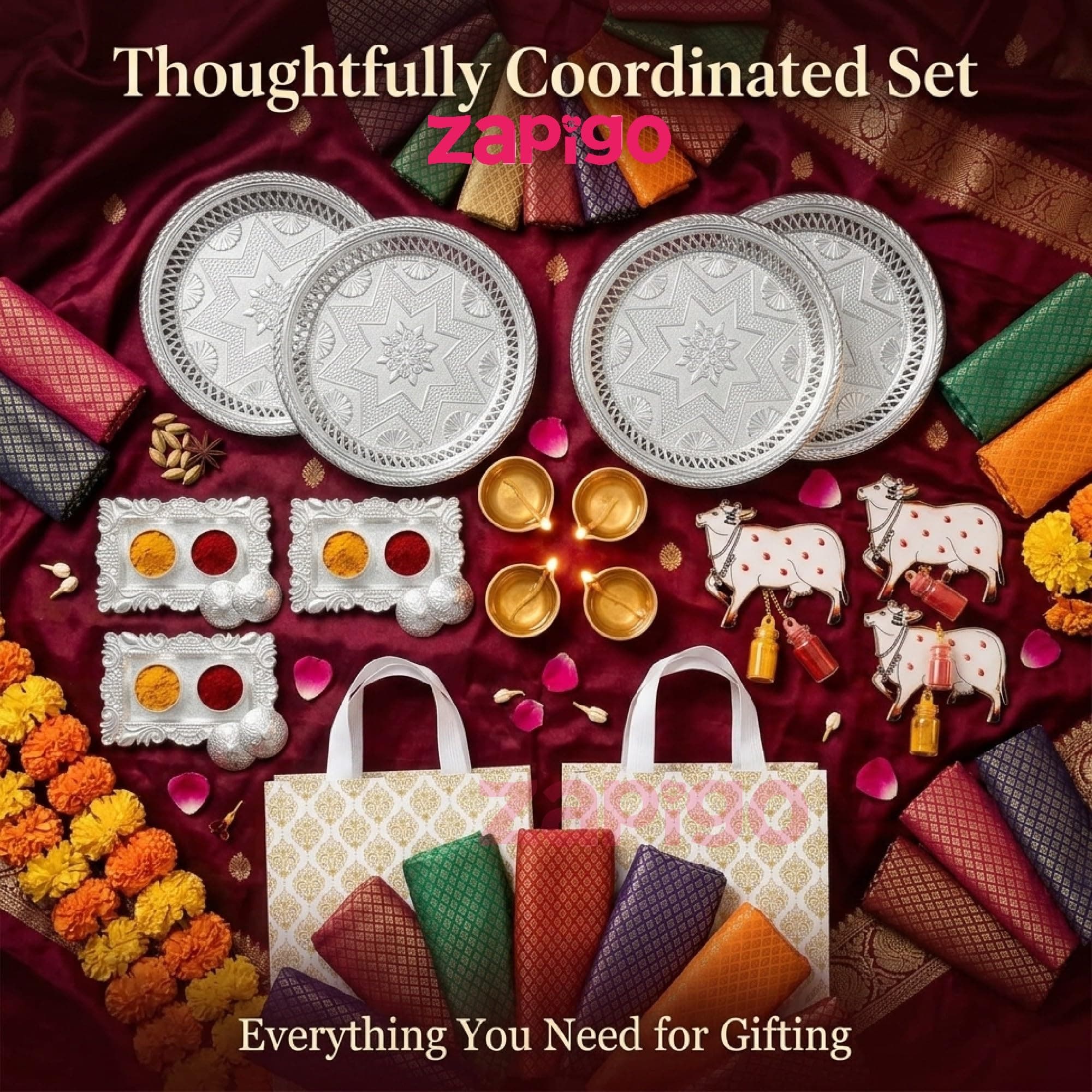 Habba Traditional Return Gift Combo with Blouse Piece, Cow Kumkum, Silver Kumkum Box, Silver Plate & Laminated Bag for Women, Haldi Kumkum & Tambulam Gifts, Diwali, Navratri, Weddings - Pack of 5 thumbnail 7
