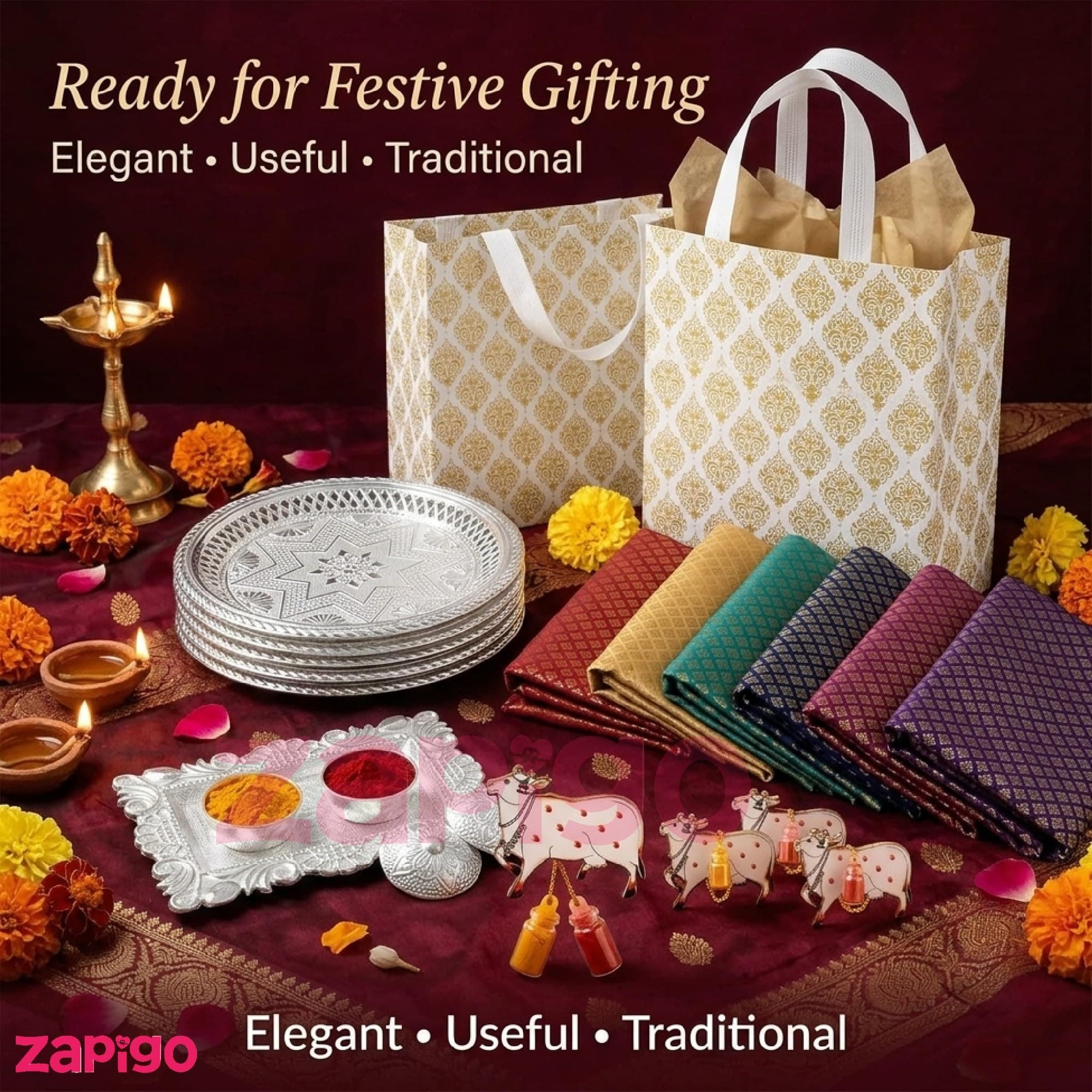 Habba Traditional Return Gift Combo with Blouse Piece, Cow Kumkum, Silver Kumkum Box, Silver Plate & Laminated Bag for Women, Haldi Kumkum & Tambulam Gifts, Diwali, Navratri, Weddings - Pack of 5 thumbnail 3