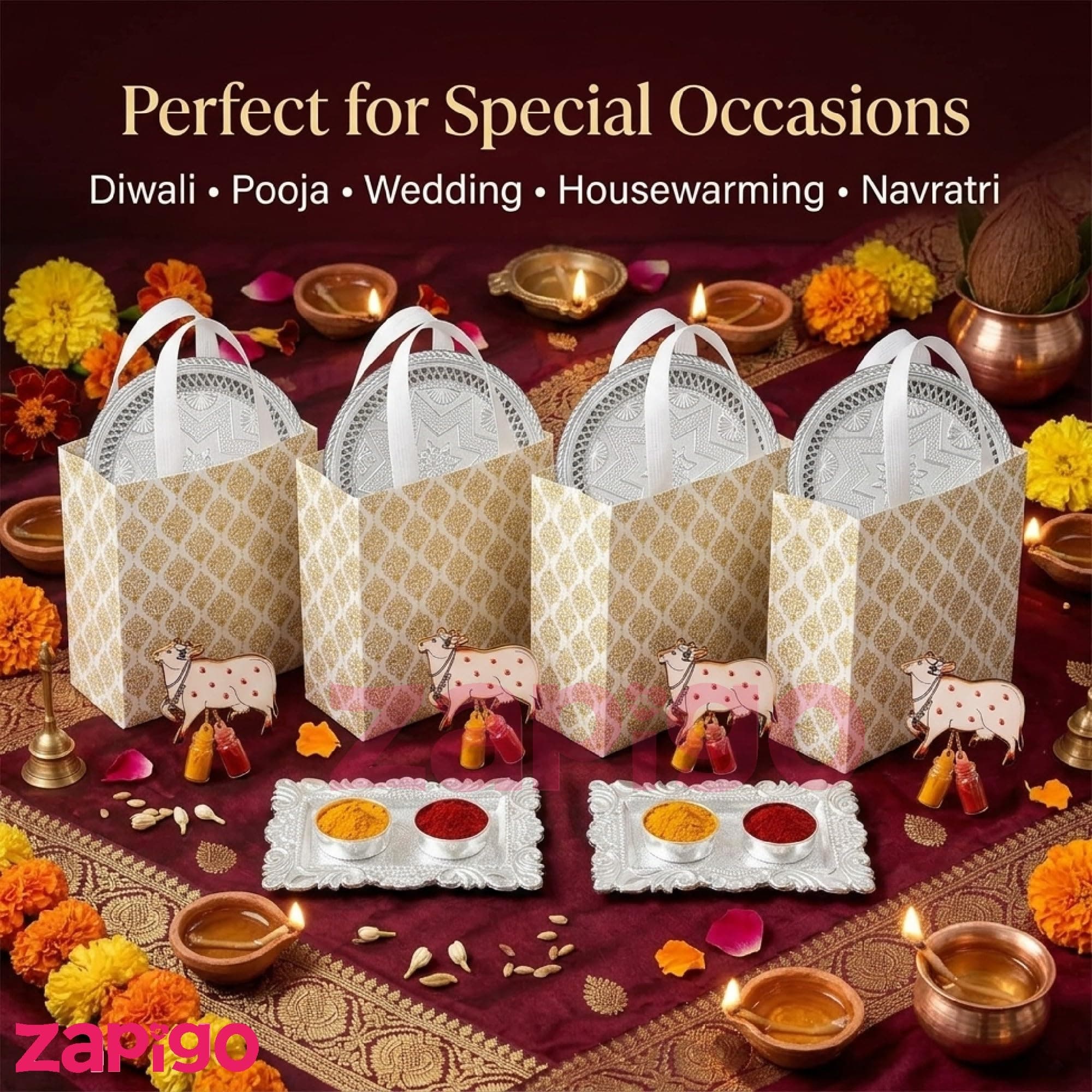 Habba Festive Return Gift Combo with Silver Plate, Cow Design Kumkum Set, Silver Kumkum Holder & Laminated Bag, Traditional Haldi Kumkum Gift for Diwali, Navratri, Wedding, Housewarming - Pack of 10 thumbnail 7
