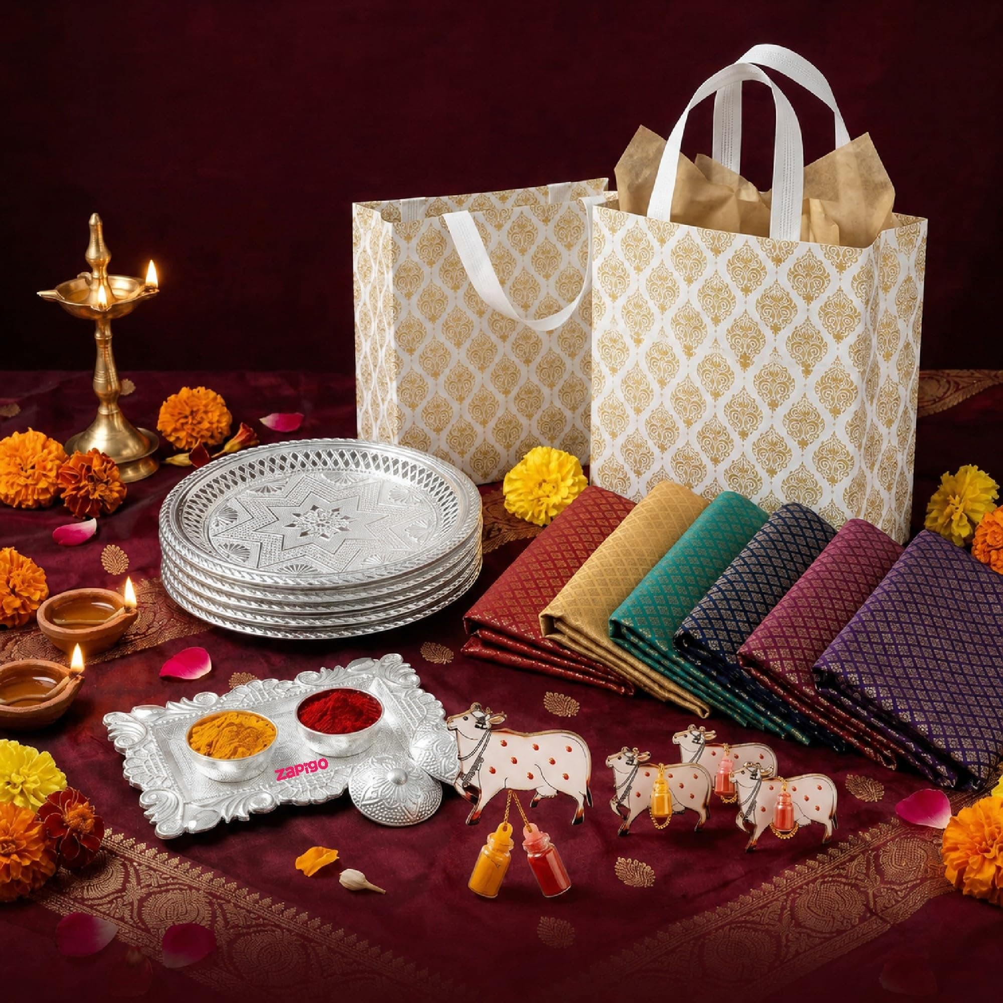 Habba Traditional Return Gift Combo with Blouse Piece, Cow Kumkum, Silver Kumkum Box, Silver Plate & Laminated Bag for Women, Haldi Kumkum & Tambulam Gifts, Diwali, Navratri, Weddings - Pack of 5 thumbnail 1
