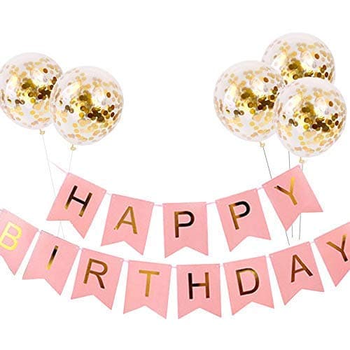 Balloonistics Gold Confetti Balloons & Pink Happy Birthday Banner Combo – Birthday Party Decoration Set thumbnail 1