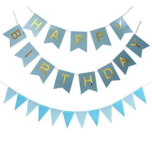 Balloonistics Happy Birthday Cardboard Bunting Banner – Blue Background with Gold Letter Flags for Kids & Adults Birthday Party Decoration & Photo Backdrop thumbnail 4