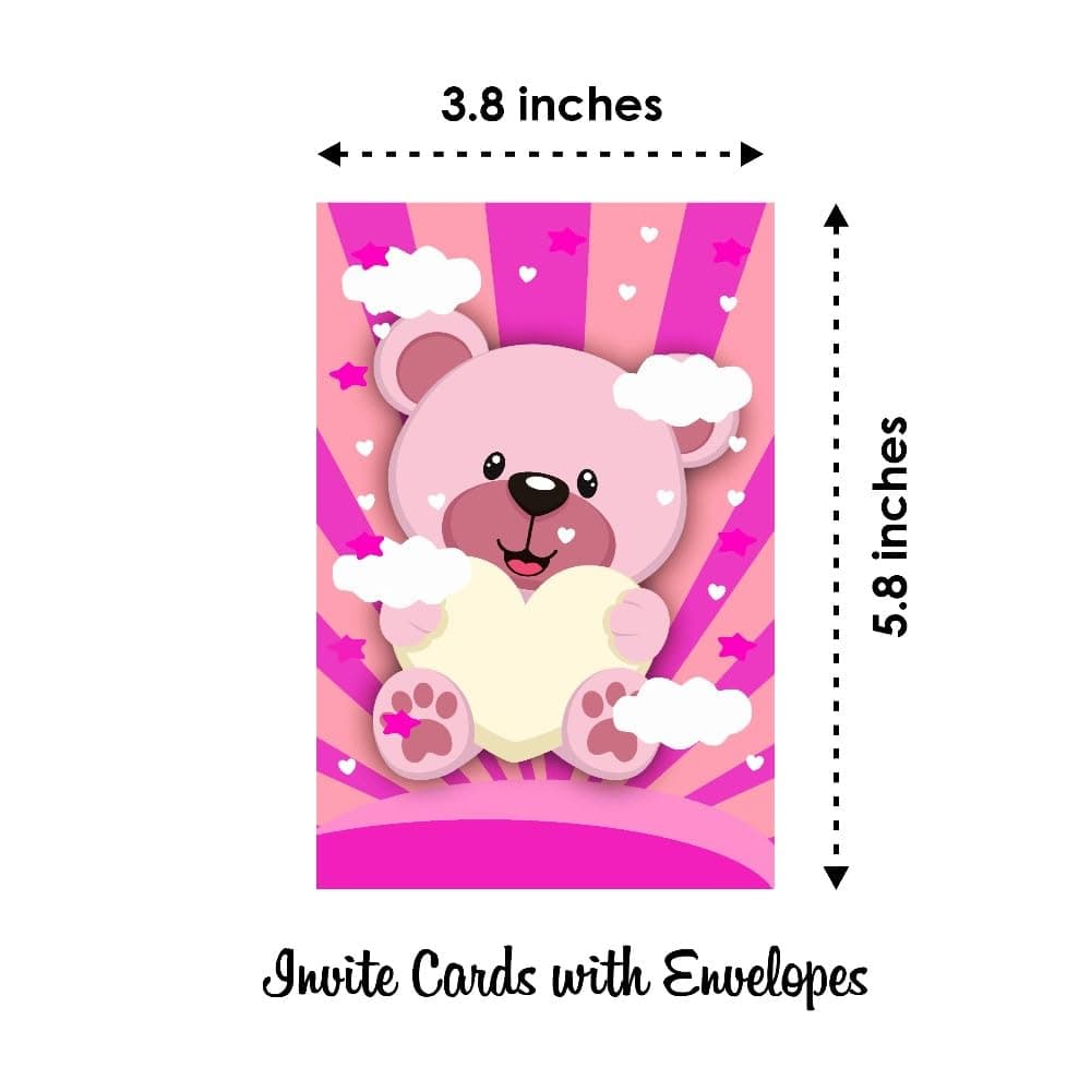 Balloonistics Pink Teddy Bear Happy Birthday Invitations - Pack of 10 Premium Cardstock Invite Cards - Sweet Bear Theme Girl's 1st Birthday Party Supplies, "Beary Sweet" Floral Birthday Invites (Invite Cards - Pack of 10) thumbnail 6
