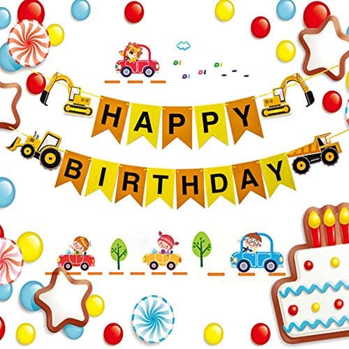 Balloonistics Construction Vehicle Happy Birthday Banner – 17-Piece Hard Paper Set with Excavator, Bulldozer & Truck for Boys Birthday Party Decoration thumbnail 2
