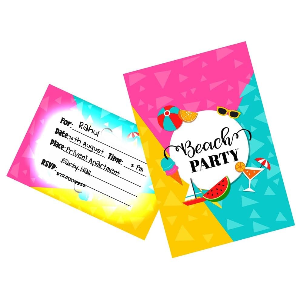 Balloonistics Beach Party Birthday Invitation Cards - Pack of 10 Tropical Summer & Pool Side Invites with Envelopes - Double-Sided Cardstock Fill-in Invitations for Kids & Adults, Sun, Sand & Surf Theme (Invite Cards - Pack of 10)