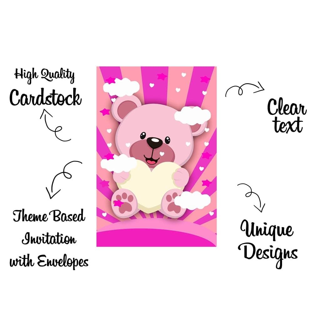 Balloonistics Pink Teddy Bear Happy Birthday Invitations - Pack of 10 Premium Cardstock Invite Cards - Sweet Bear Theme Girl's 1st Birthday Party Supplies, "Beary Sweet" Floral Birthday Invites (Invite Cards - Pack of 10) thumbnail 5