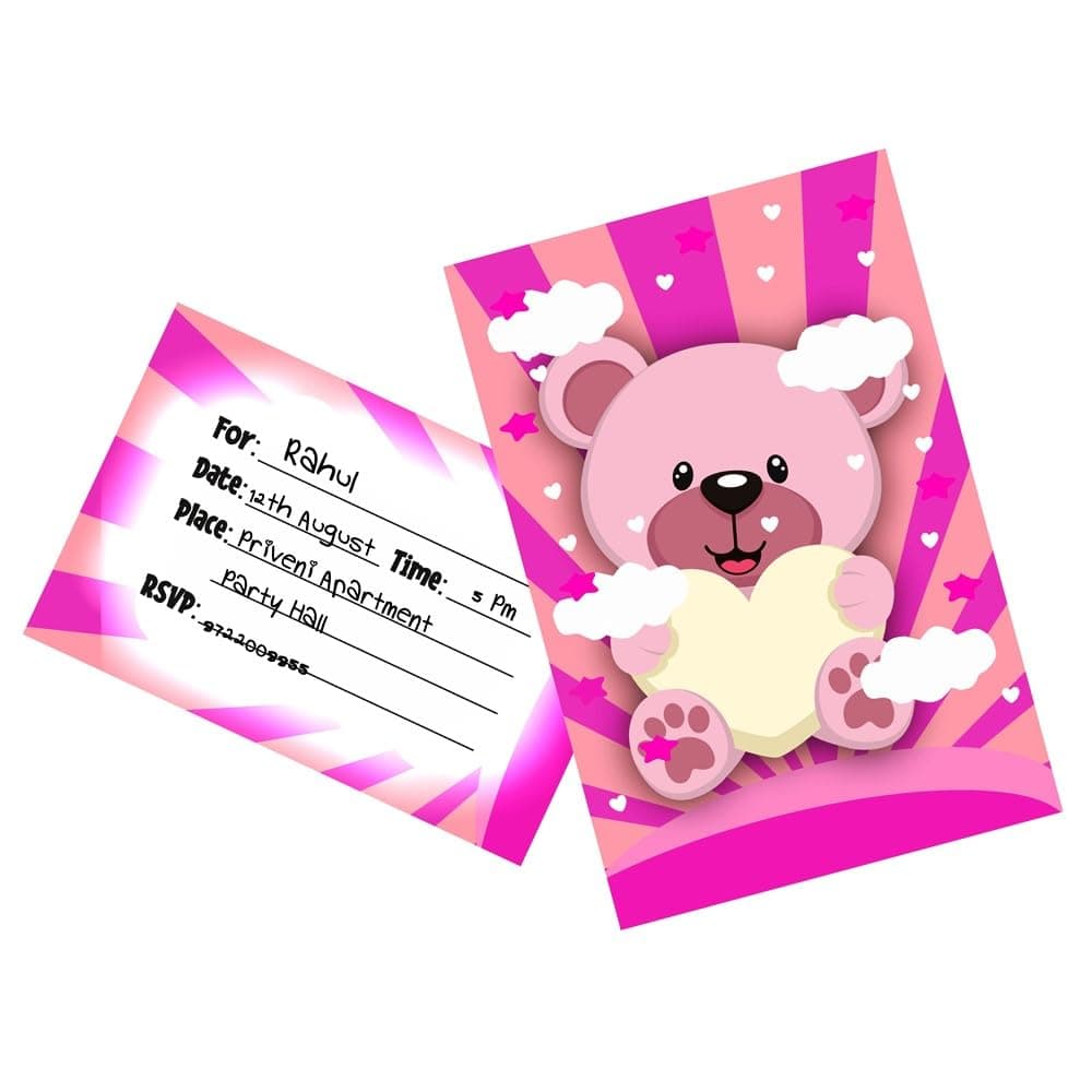 Balloonistics Pink Teddy Bear Happy Birthday Invitations - Pack of 10 Premium Cardstock Invite Cards - Sweet Bear Theme Girl's 1st Birthday Party Supplies, "Beary Sweet" Floral Birthday Invites (Invite Cards - Pack of 10) thumbnail 1