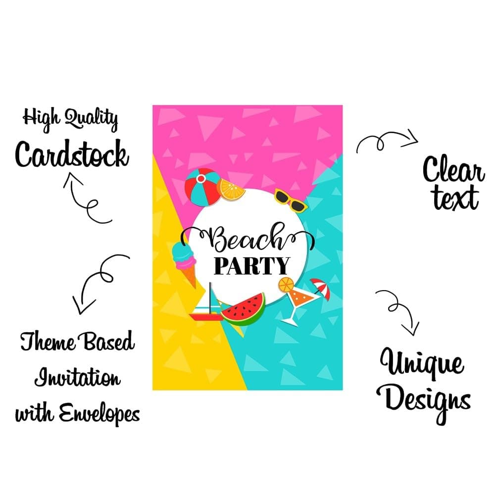 Balloonistics Beach Party Birthday Invitation Cards - Pack of 10 Tropical Summer & Pool Side Invites with Envelopes - Double-Sided Cardstock Fill-in Invitations for Kids & Adults, Sun, Sand & Surf Theme (Invite Cards - Pack of 10) thumbnail 5