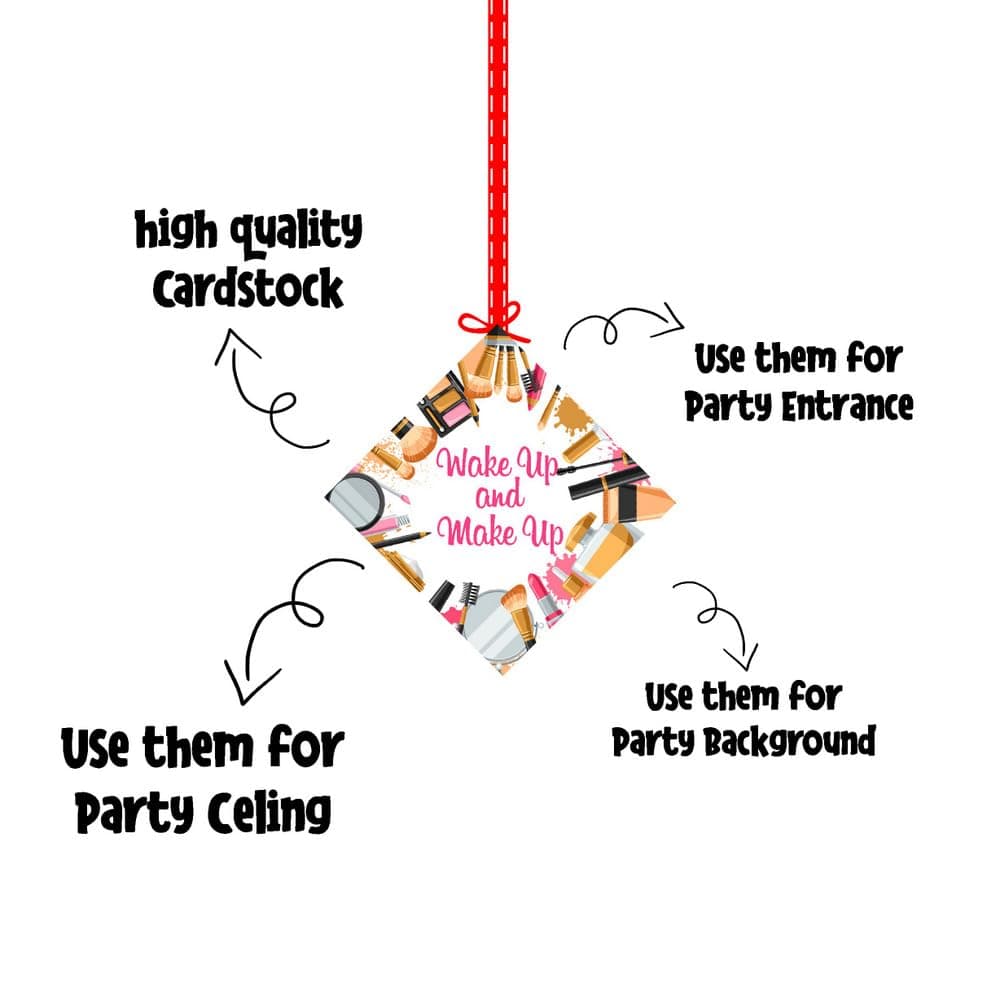 Balloonistics Makeup Theme Happy Birthday Hanging Decorations - Pack of 12 Double-Sided Cardstock Cutouts with Ribbons - Glamour & Cosmetics Party Ceiling Decor, Spa Day & Salon Theme Room Accents (Hangings - Pack of 12) thumbnail 6