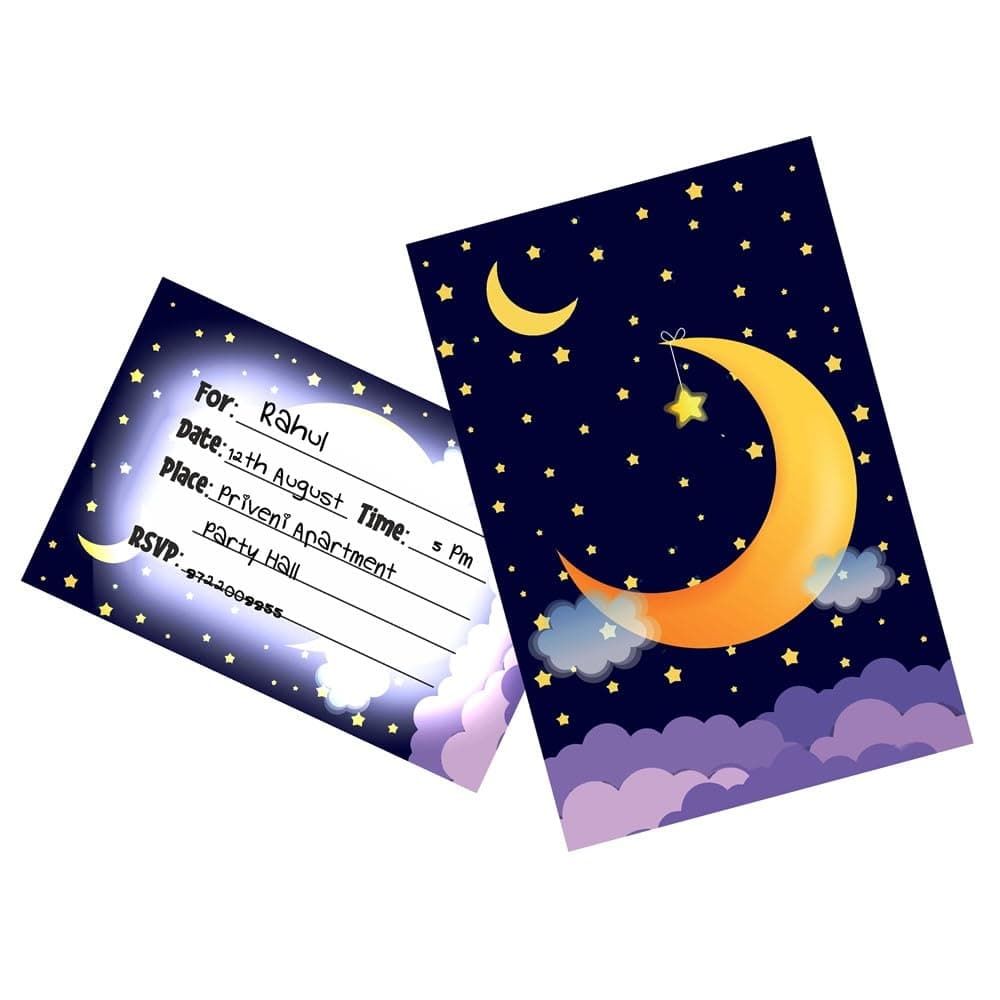 Balloonistics Moon and Stars Theme Birthday Invitation Cards - Pack of 10 Double-Sided Cardstock Invites - "Twinkle Twinkle Little Star" & Over the Moon Party Supplies, Premium Fill-in-the-Blank Birthday Stationery (Invite Cards - Pack of 10) thumbnail 1