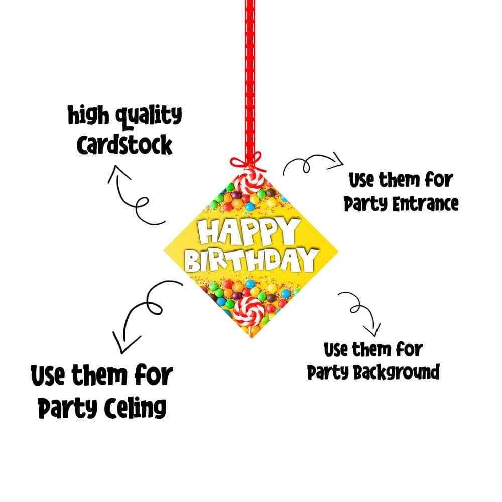 Balloonistics Candy Theme Happy Birthday Hanging Decorations - Pack of 12 Double-Sided Cardstock Swirls & Cutouts - Sweet One, Candyland, and Lollipop Party Supplies, Includes Ribbons & Hooks (Hangings - Pack of 12) thumbnail 6