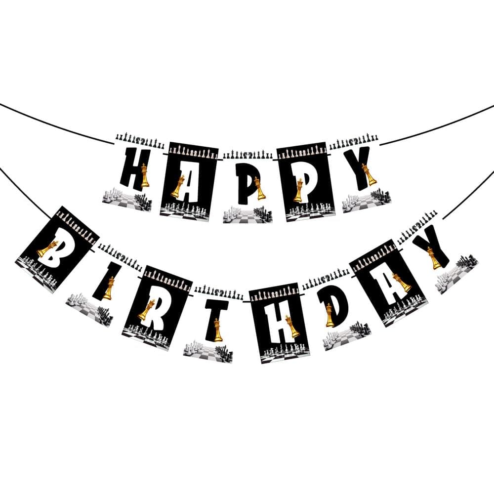 Balloonistics Chess Theme Happy Birthday Banner - Large Cardstock "Checkmate" Bunting with King, Queen & Knight Designs - Black and White Grandmaster Party Decorations thumbnail 2