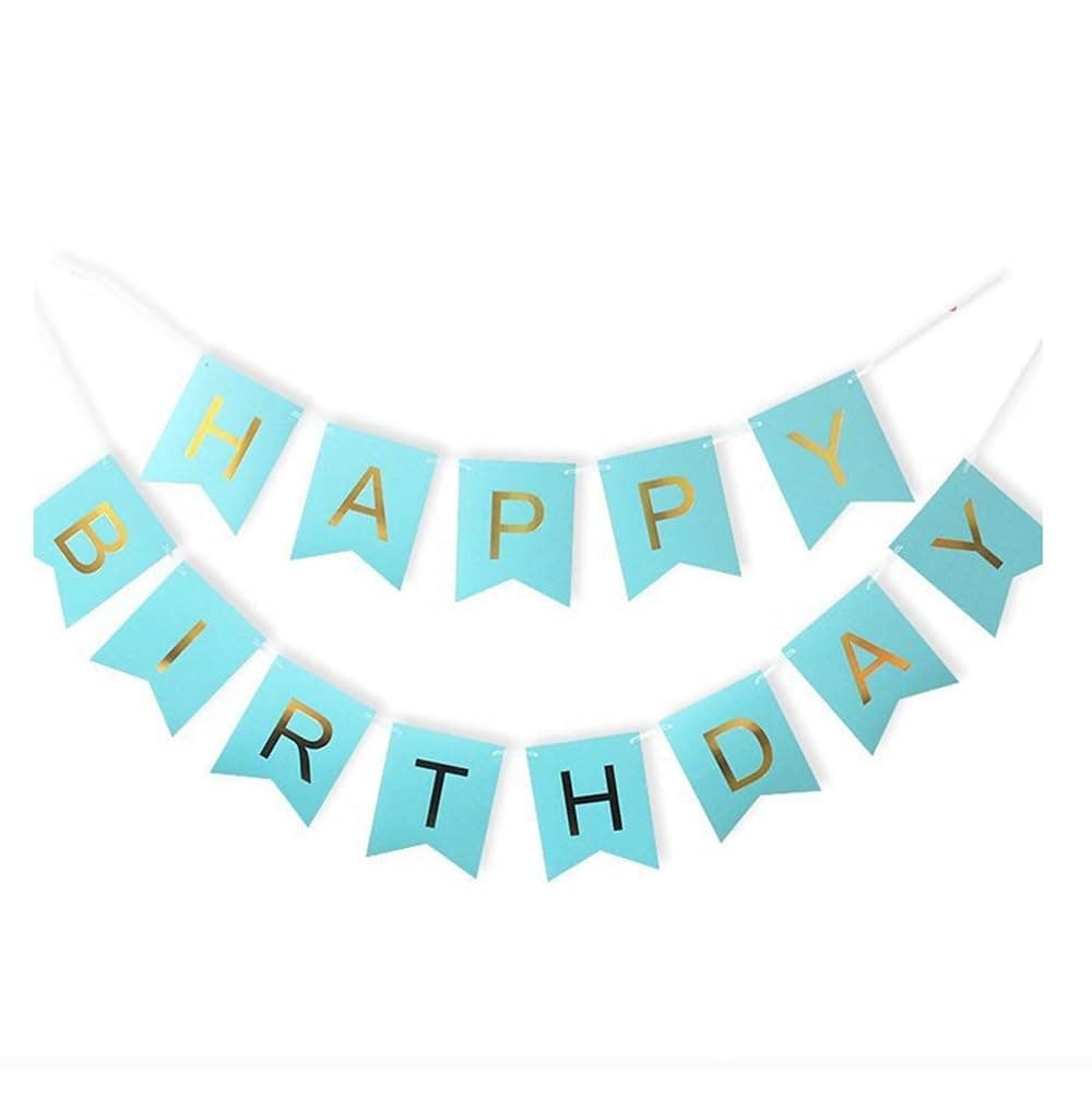 Balloonistics Happy Birthday Cardboard Bunting Banner – Blue Background with Gold Letter Flags for Kids & Adults Birthday Party Decoration & Photo Backdrop thumbnail 1