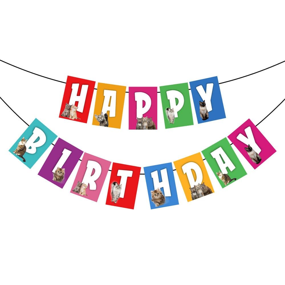 Balloonistics Cat Theme Happy Birthday Banner - "Meow" Kitten Party Bunting - Premium Cardstock Whiskers & Paw Prints Birthday Decoration with Ribbons, Cute Kitty Cat Feline Backdrop thumbnail 2