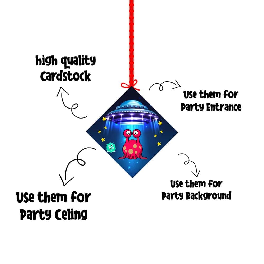 Balloonistics Alien Theme Birthday Hanging Decorations - Pack of 12 Double-Sided Cardstock Swirls & Cutouts - Out of This World Galaxy & Outer Space Party Decor, UFO & Martian Ceiling Hangings (Hangings - Pack of 12) thumbnail 6