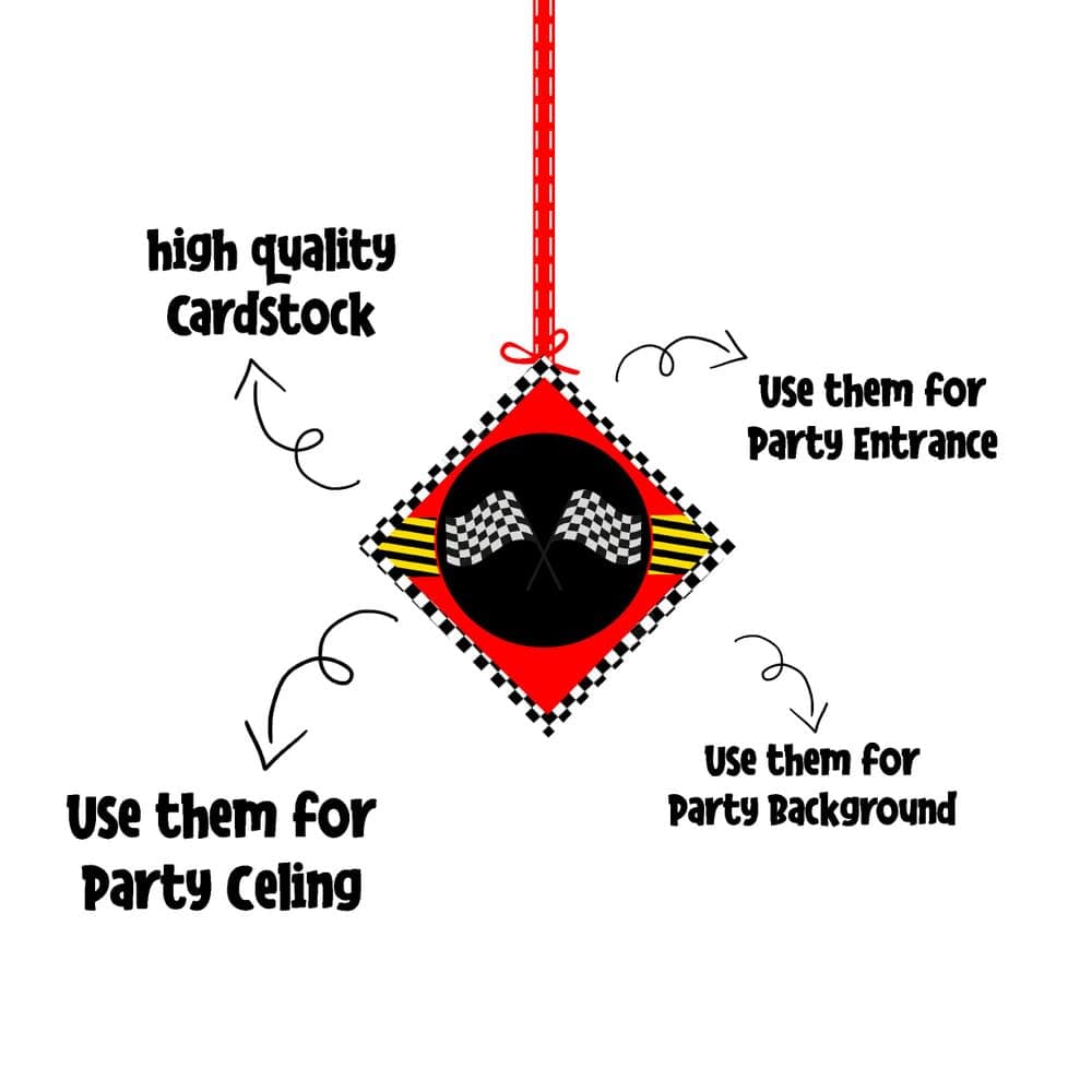 Balloonistics Formula 1 Theme Birthday Hanging Decorations Racing Car Party Supplies with Ribbons, Double-Sided Cardstock Ceiling Decor for Kids (Hangings - Pack of 12) thumbnail 6