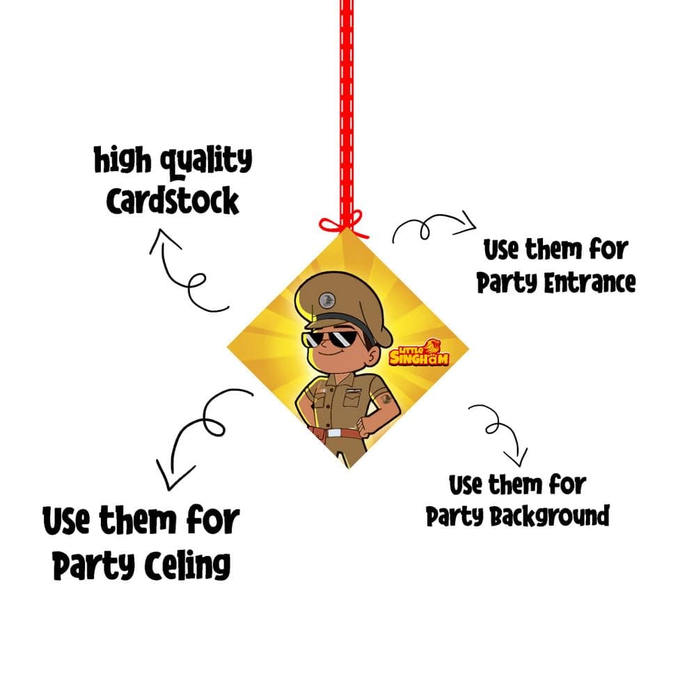 Balloonistics Little Police Singham Theme Hanging Decorations with Ribbons Double-Sided Printed Cardstock Perfect for Kids Birthday (Hangings - Pack of 12) thumbnail 6