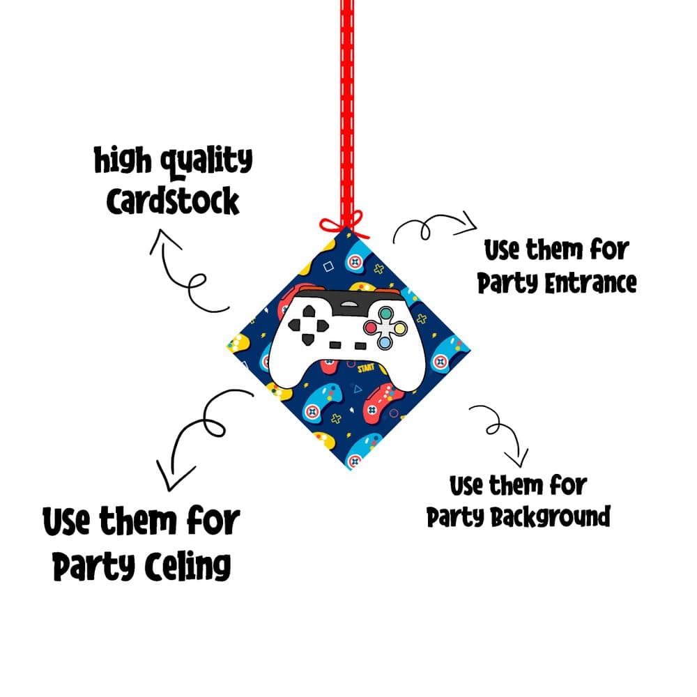 Balloonistics Video Game Theme Birthday Ceiling Hangings - Double-Sided Cardstock Gaming Decorations - Level Up Gamer Party Supplies for Boys & Kids, Includes Ribbons for Easy Hanging (Hangings - Pack of 12) thumbnail 6
