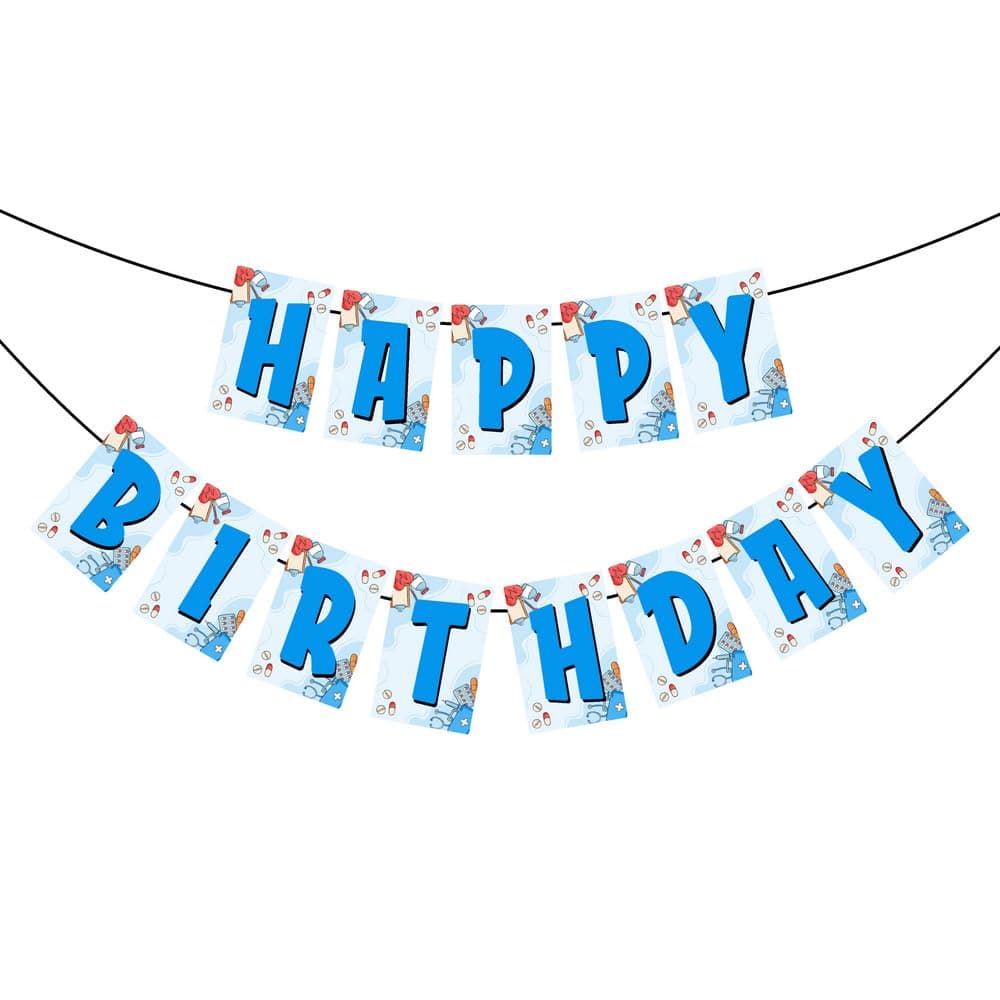Balloonistics Doctor Theme Happy Birthday Banner - Medical Professional Party Bunting - Premium Cardstock Stethoscope & Scrub Blue Birthday Decoration with Ribbons, Future Doctor & Hospital Theme Backdrop thumbnail 2