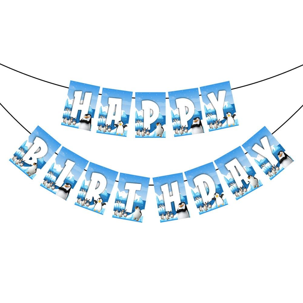 Balloonistics Penguin Happy Birthday Banner - Premium Cardstock Winter Theme Party Bunting - Cute Arctic Birthday Decorations for Kids, "Coolest Party" Birthday Backdrop with Ribbons (Happy Birthday Banner) thumbnail 2