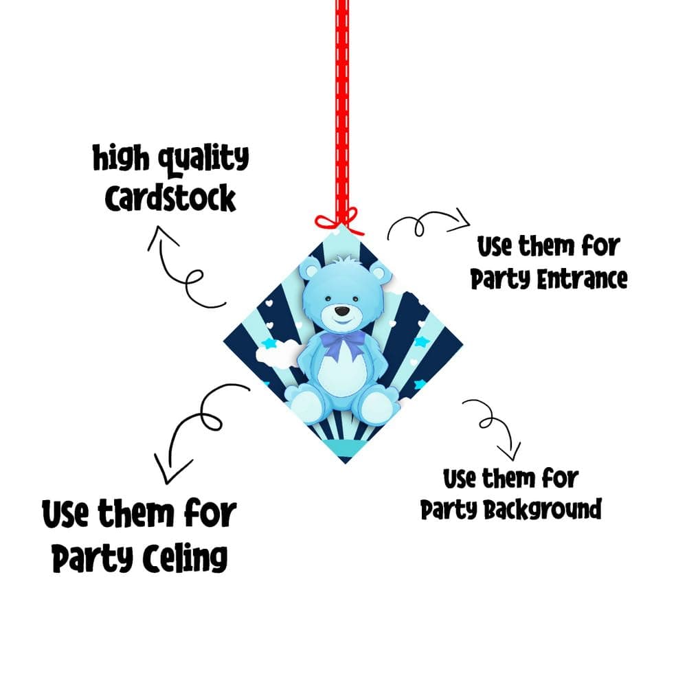 Balloonistics Blue Teddy Bear Birthday Hanging Decorations - Pack of 12 Double-Sided Cardstock Swirls & Cutouts - Premium Cuddly Bear Theme Party Decor with Ribbons - Perfect for Boys’ Birthdays & Room Decor (Hangings - Pack of 12) thumbnail 6