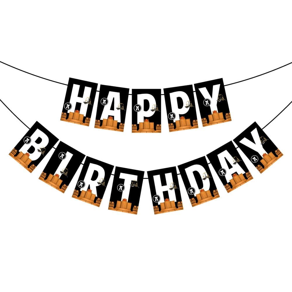 Balloonistics Lawyer Theme Happy Birthday Banner - Sophisticated Legal Professional Birthday Decoration - Premium Cardstock Bunting with Ribbons, Scales of Justice & Gavel Designs. thumbnail 2