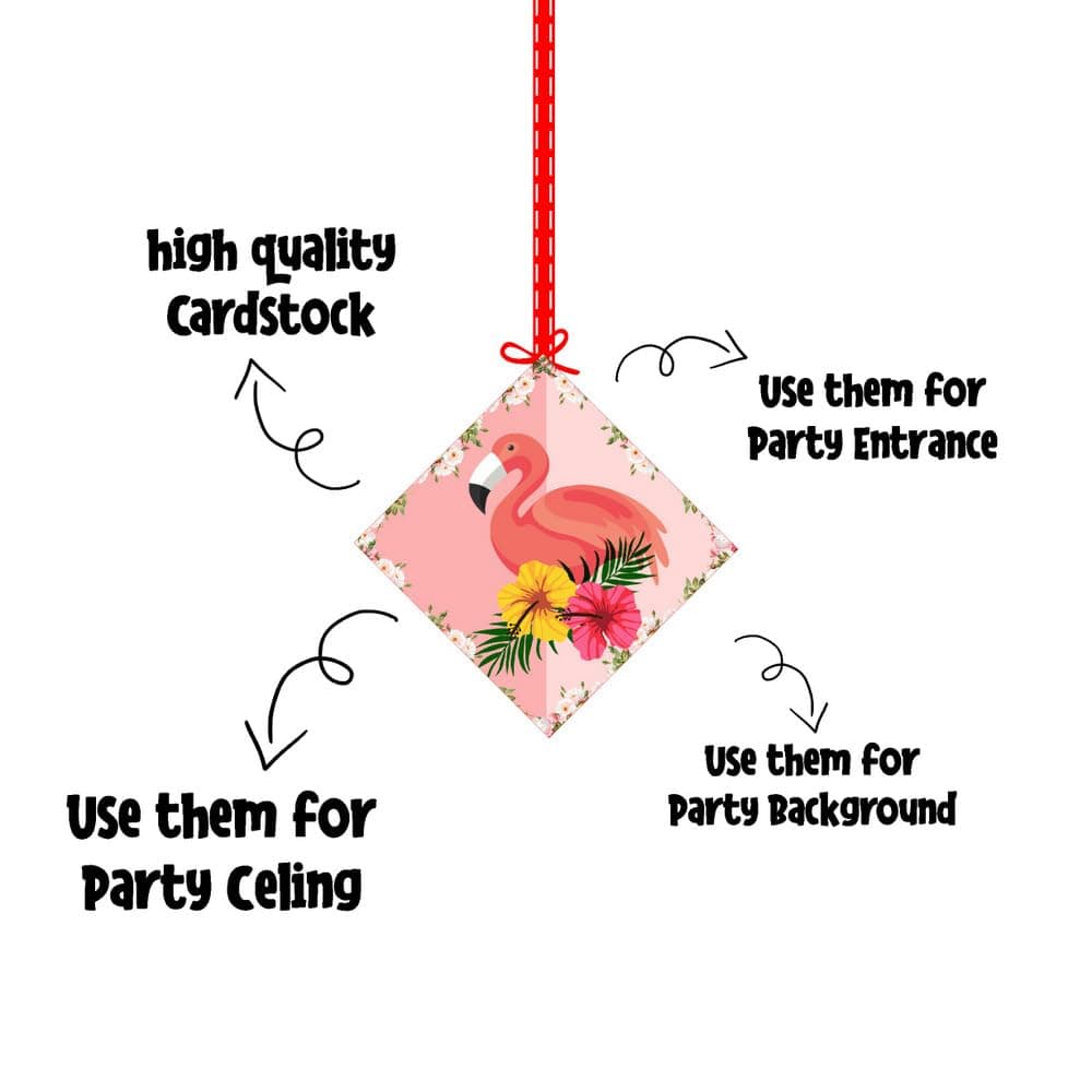 Balloonistics Flamingo Theme Hanging Decorations - Pack of 12 Tropical Luau Party Hangings - Premium Cardstock Pink Flamingo, Palm Leaf & Hibiscus Cutouts with Strings, Summer Birthday & Pool Party Decor (Hangings - Pack of 12) thumbnail 6