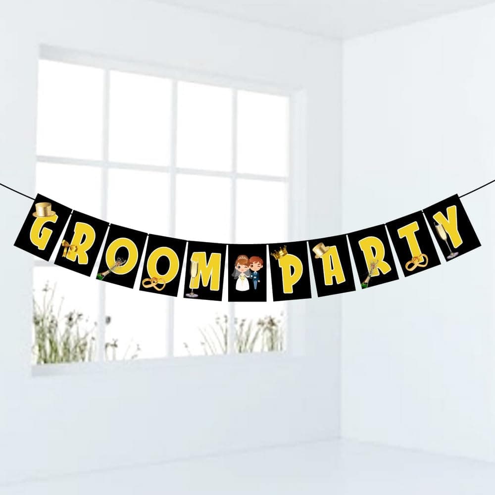 Balloonistics Groom’s Crew Party Banner - Dapper Bachelor Party Bunting - Premium Cardstock Tuxedo & Beer Theme Decoration with Ribbons, Engagement & Wedding Celebration Backdrop (Groom Party Banner) thumbnail 1