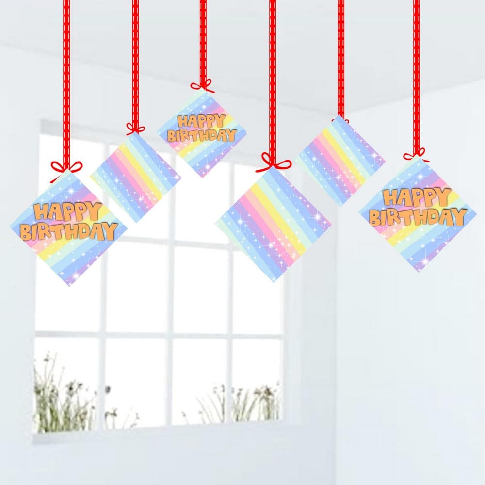 Balloonistics Pastel Colors Happy Birthday Hanging Decorations - Pack of 12 - Double-Sided Cardstock Party Hangings with Ribbons - Multicolor Macaron Theme Aesthetic Birthday Backdrop for Girls, Kids & Adults (Hangings - Pack of 12)