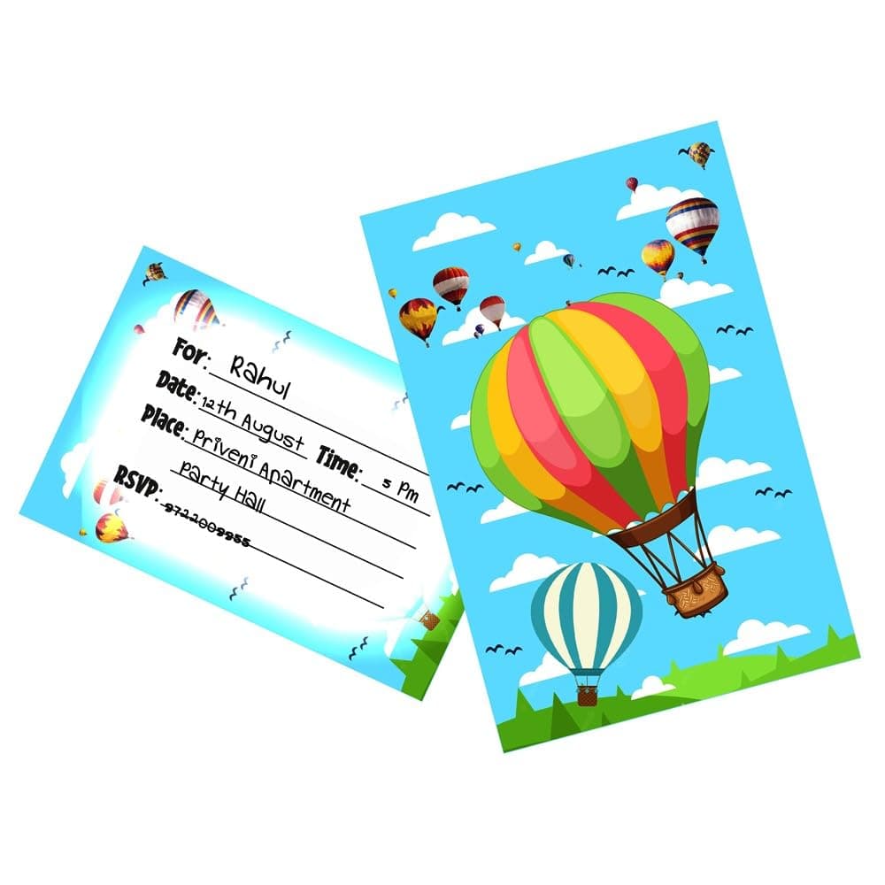 Balloonistics Hot Air Balloon Theme Birthday Invitation Cards - Pack of 10 Up & Away Party Invites - Premium Cardstock "Adventure Awaits" Fill-in Invitations, Whimsical Pastel Sky & Cloud Birthday Supplies (Invite Cards - Pack of 10)