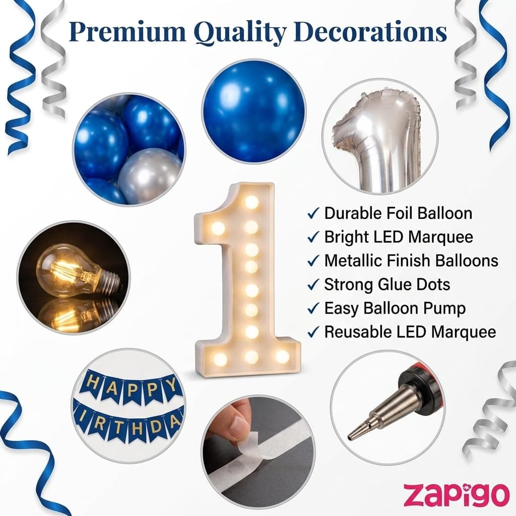 Balloonistics 20th Birthday Decoration Combo Kit - 40 Inch Silver Foil Number Balloon, LED Marquee Light, 50 Silver & Blue Balloons, Happy Birthday Banner, Balloon Pump & Glue Dots thumbnail 7