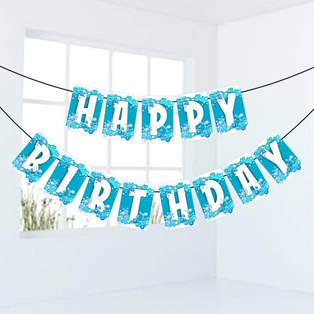 Balloonistics Bubble Theme Happy Birthday Banner - "Pop" Celebration Bunting - Premium Cardstock Iridescent Bubbles & Blue Sky Birthday Decoration with Ribbons, Whimsical Bubbles Party Backdrop (Happy Birthday Banner)