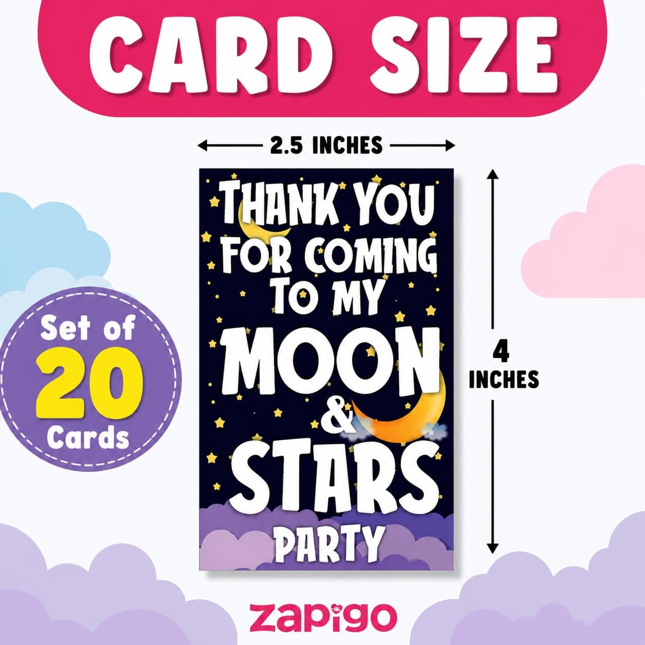 Balloonistics Moon and Stars Theme Birthday Thank You Cards - Pack of 20 Premium Cardstock Notes for Return Gifts - "Twinkle Twinkle Little Star" & Celestial Party Supplies, Double-Sided Favors Appreciation Tags (Thank you Cards - Pack of 20) thumbnail 4